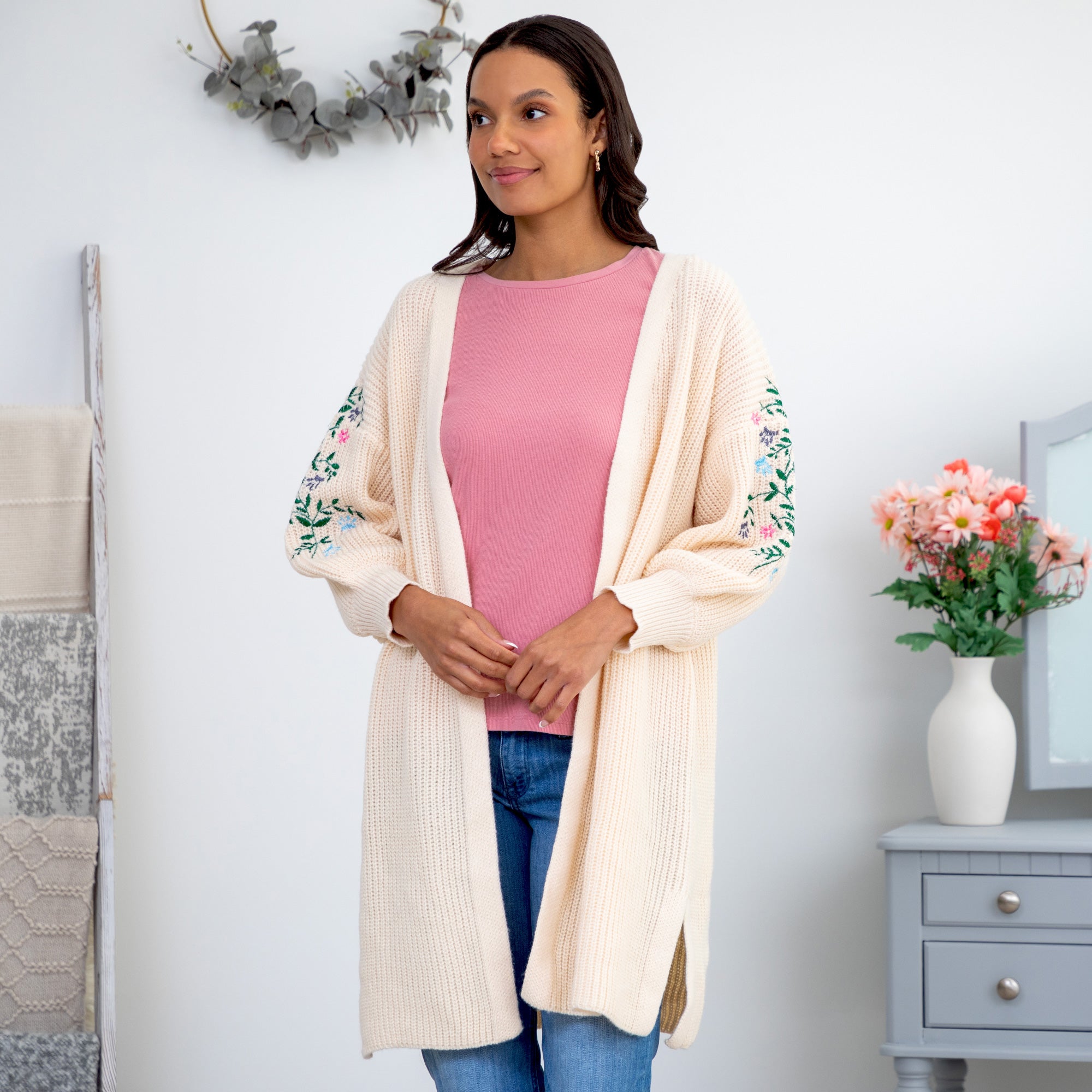 Paw Floral Vine Accented Cardigan - M