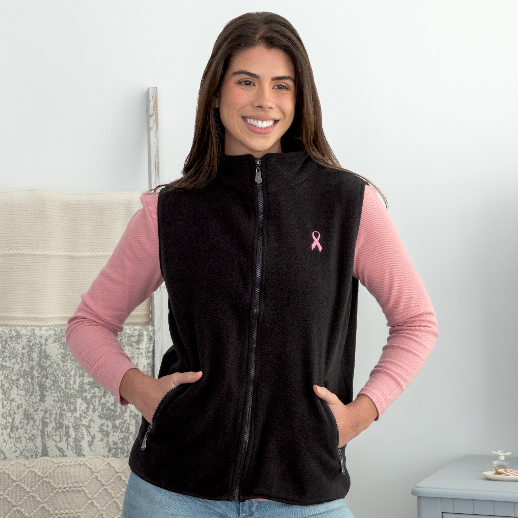 Women's Pink Ribbon Fleece Vest - S