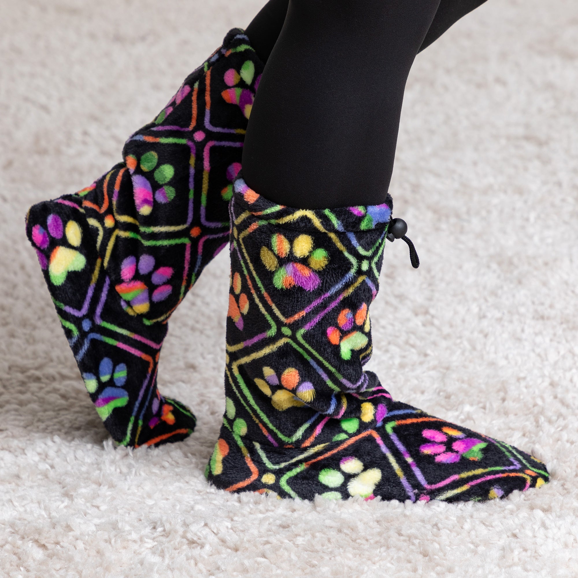 Super Cozy™ Deluxe Paw Non-Slip Toggle Slipper Booties - Neon Grid Paws - L/XL