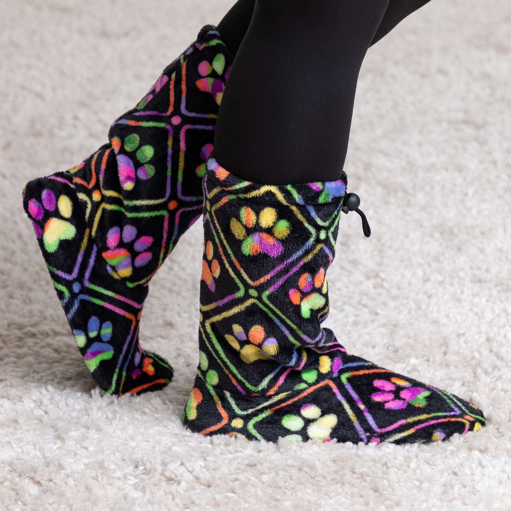 Super Cozy™ Deluxe Paw Non-Slip Toggle Slipper Booties - Neon Grid Paws - M/L