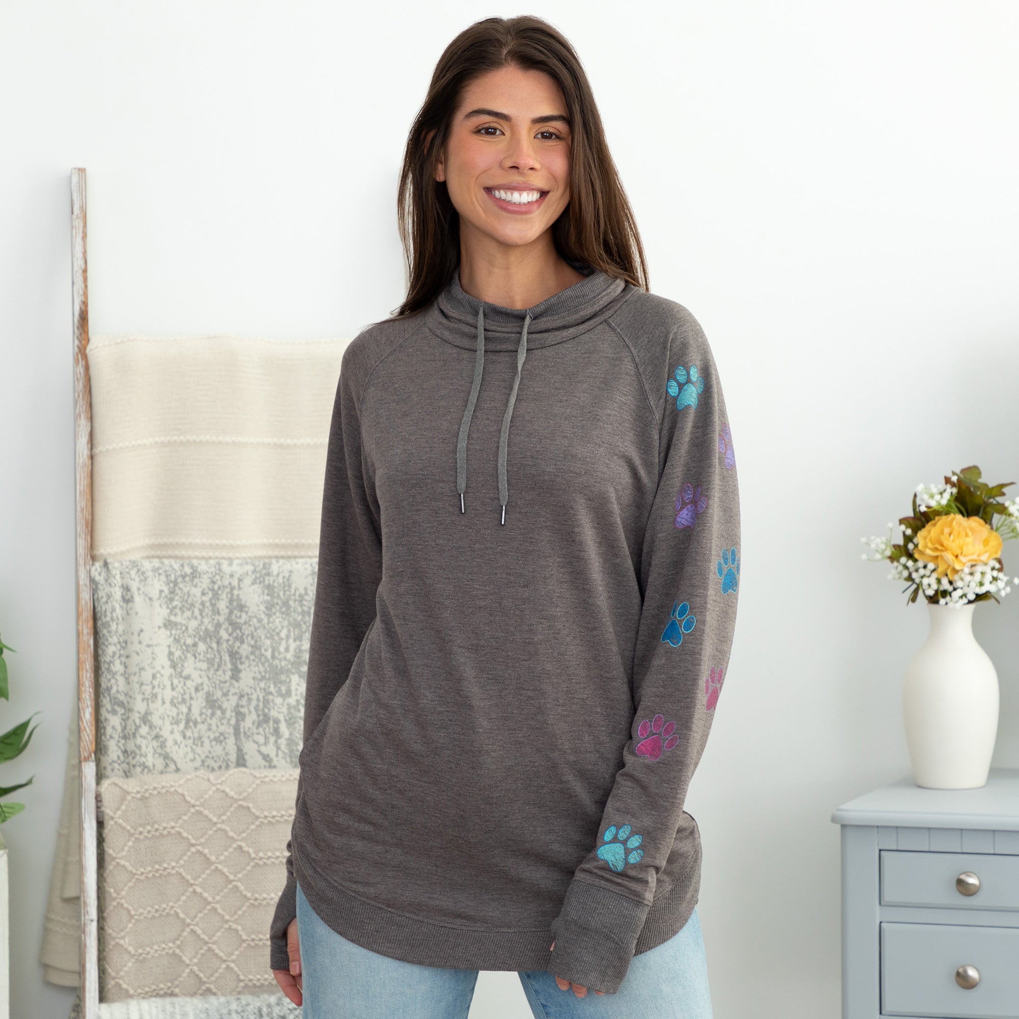 Cowl Neck Paw Print Long Sleeve Top - 1X