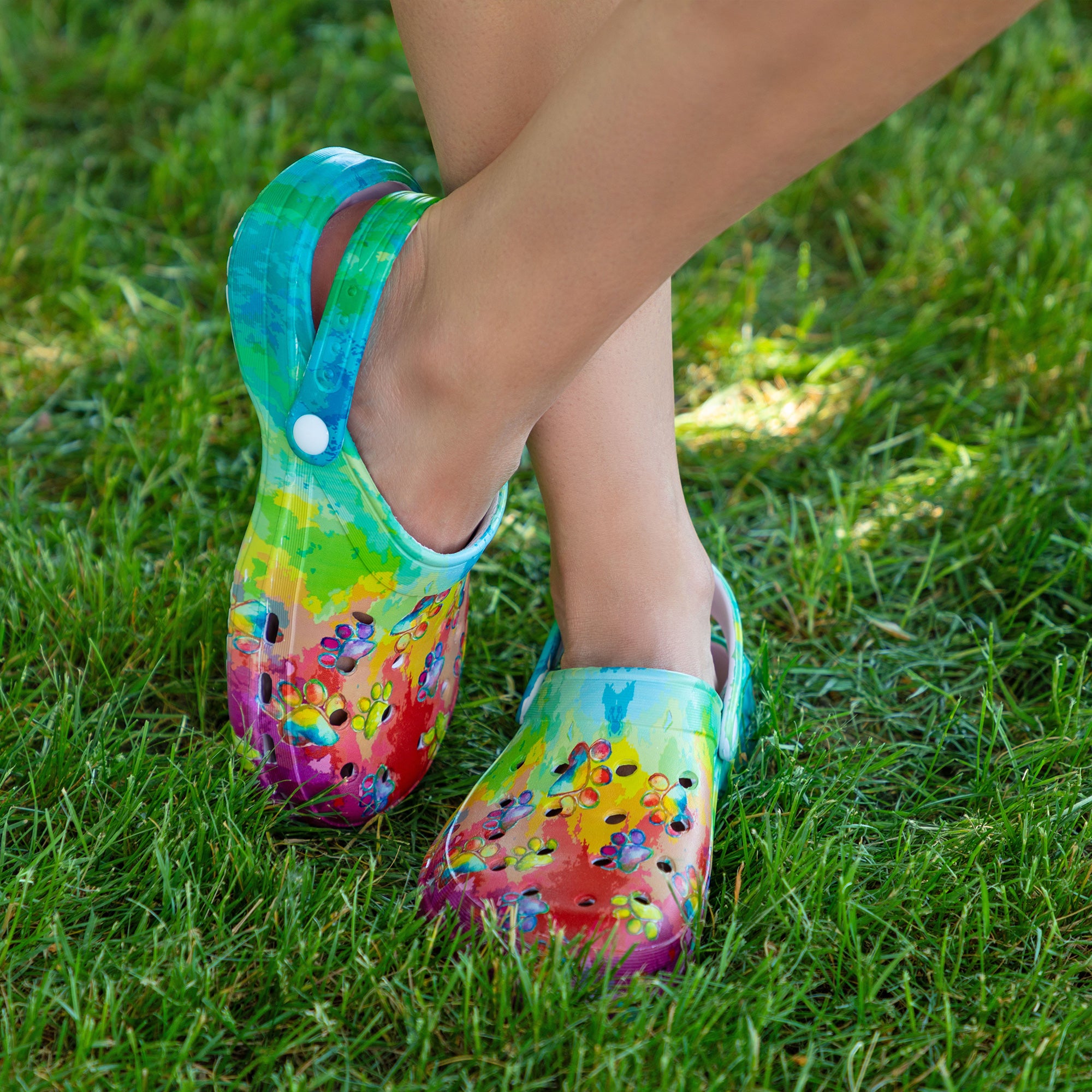 Super Comfy Paw Print Clogs - Rainbow Marble Paws - 6