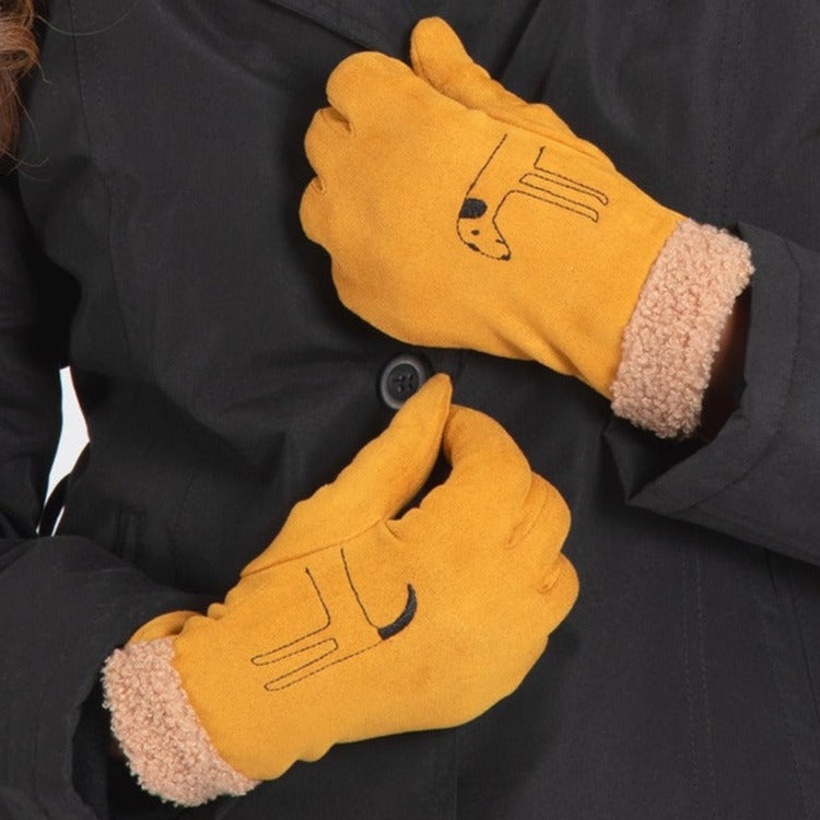Embroidered Cat & Dog Touch Screen Gloves - Dog - Mustard