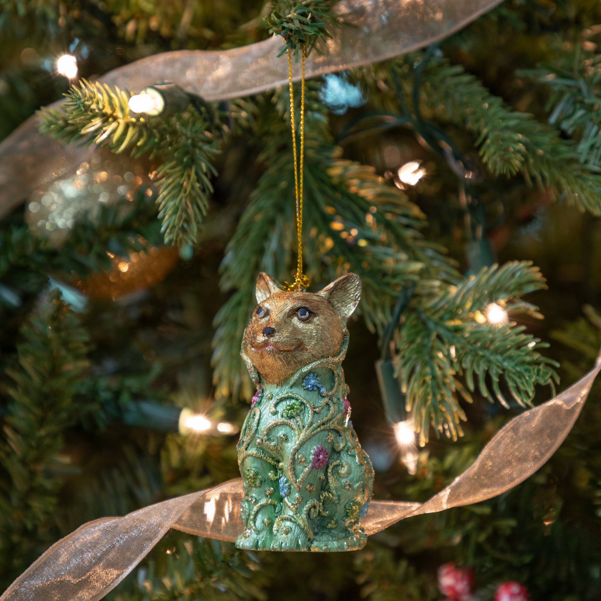 Cute Cat Beaded Ornament - Green Lily