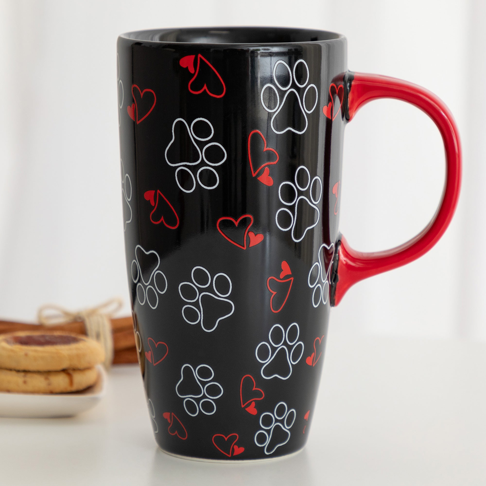 Paws & Prints Tall Ceramic Mug - Outlined Paws & Hearts