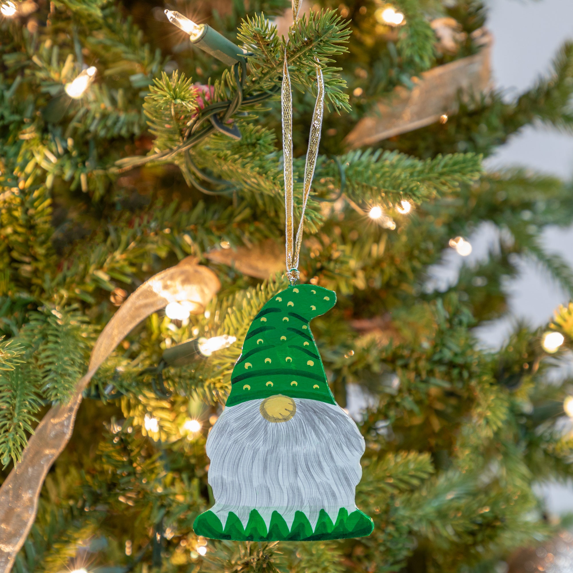 Hand Painted Gnome Ornament - Green