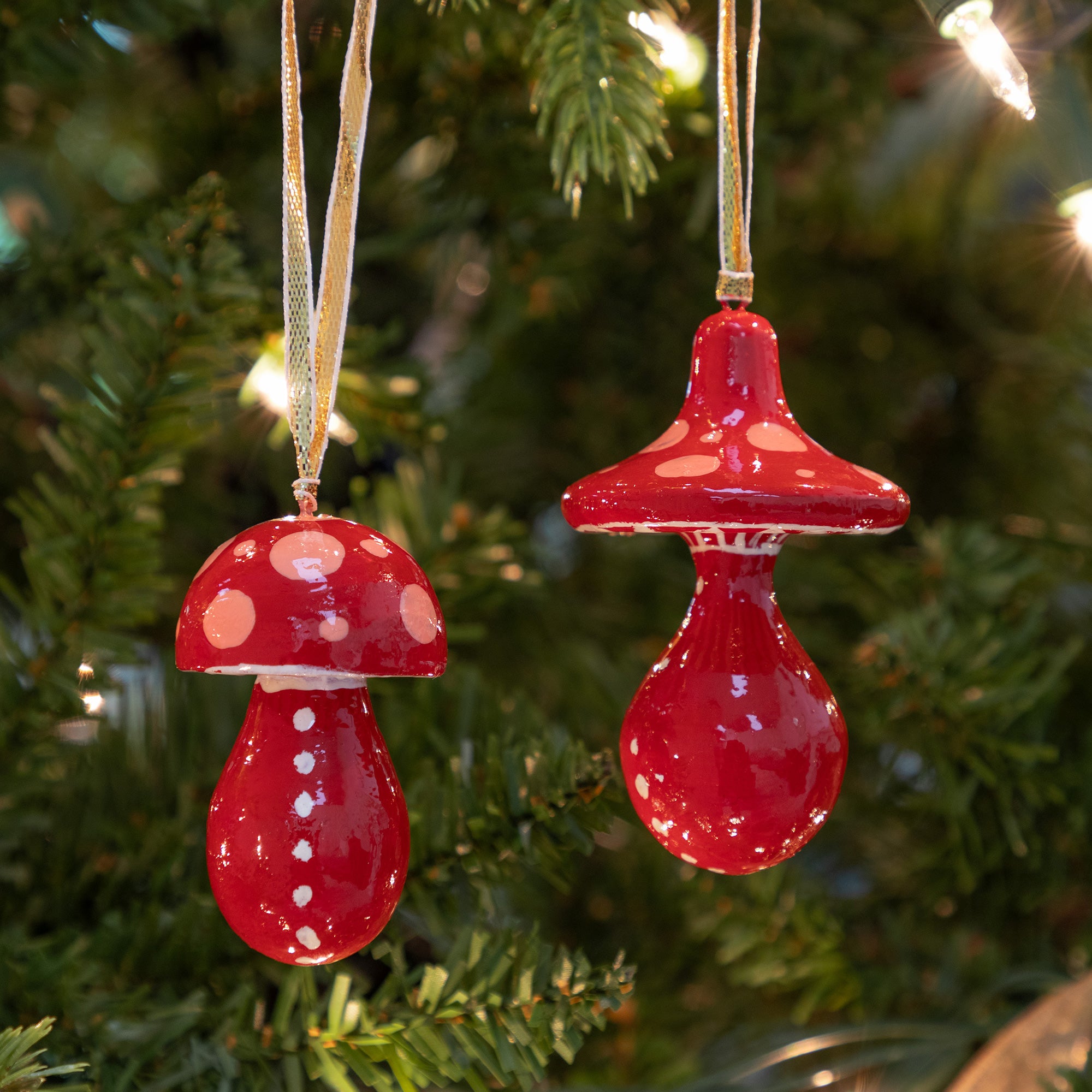 Hand Painted Mushroom Ornaments - Set Of 2 - Red