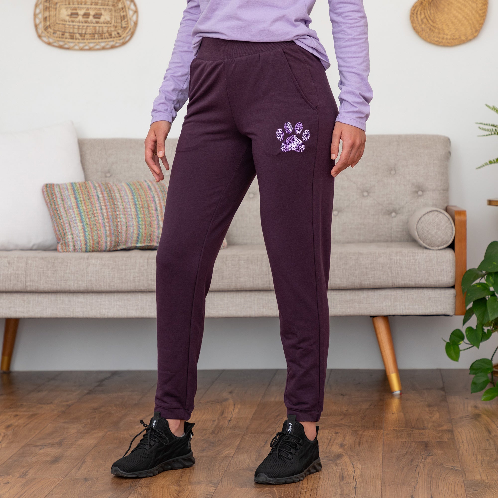 Paw Print Lightweight Tapered Sweatpants With Pockets & Elastic Waist - S