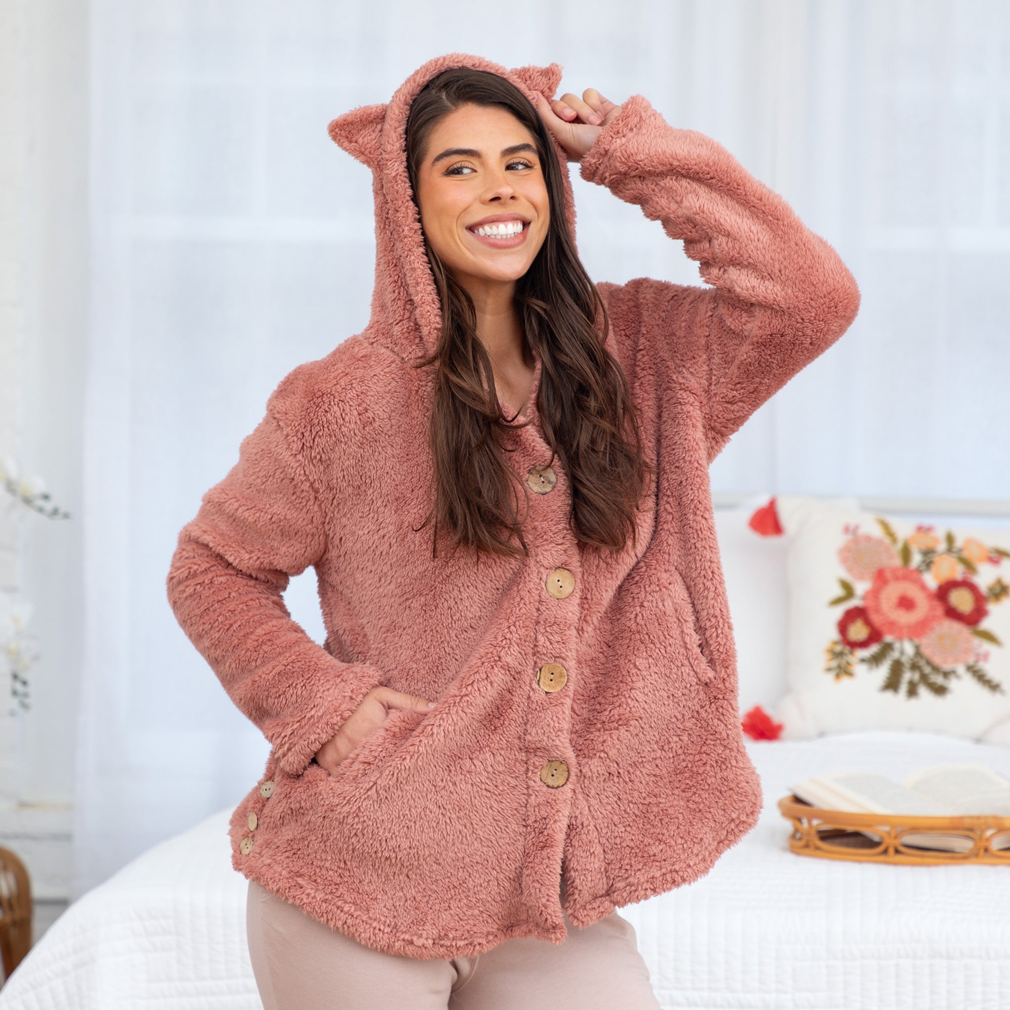 Soft Fluffy Cat Ears Button Up Hoodie - Pink - L