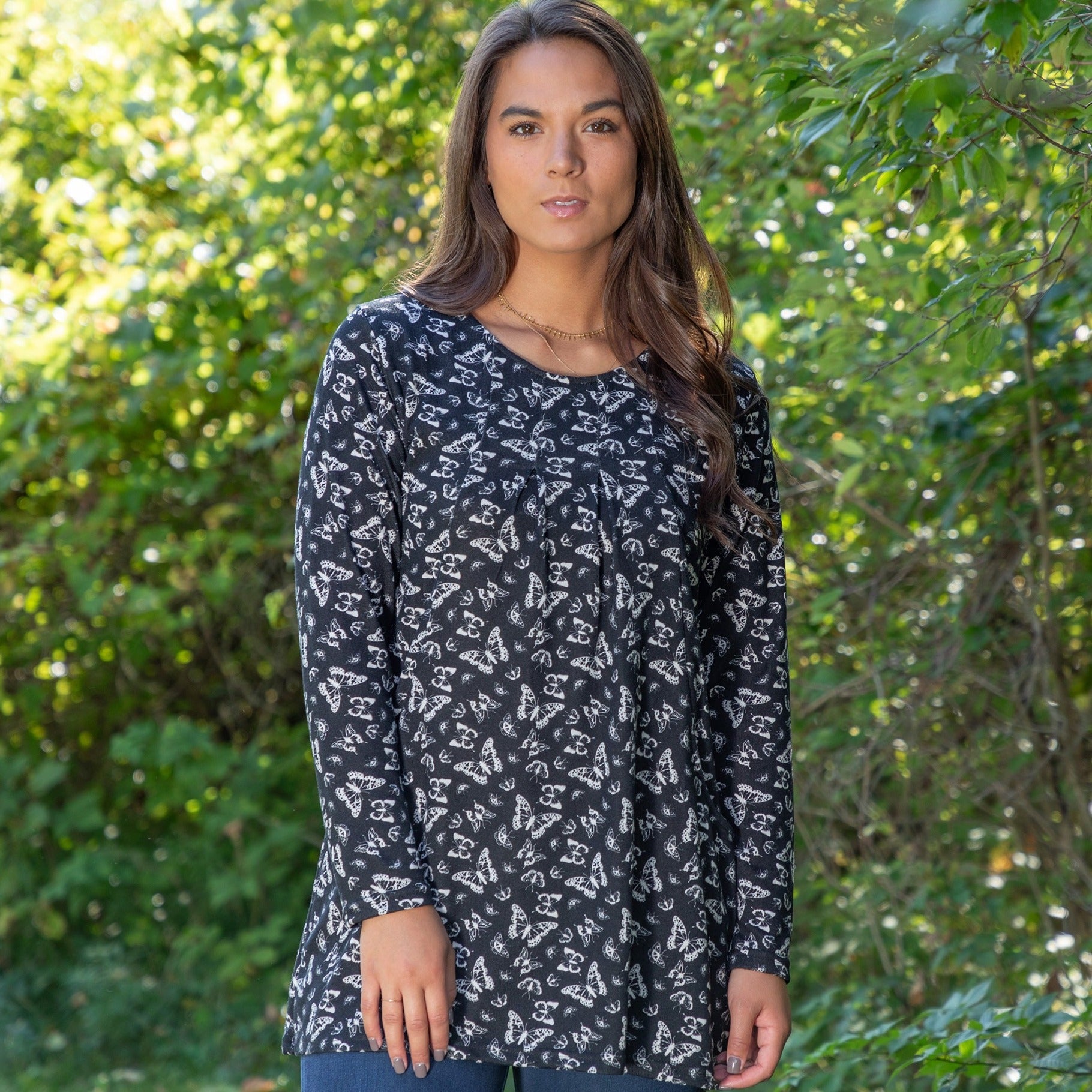 Butterfly Long Sleeve Tunic With Pockets - Black - XL