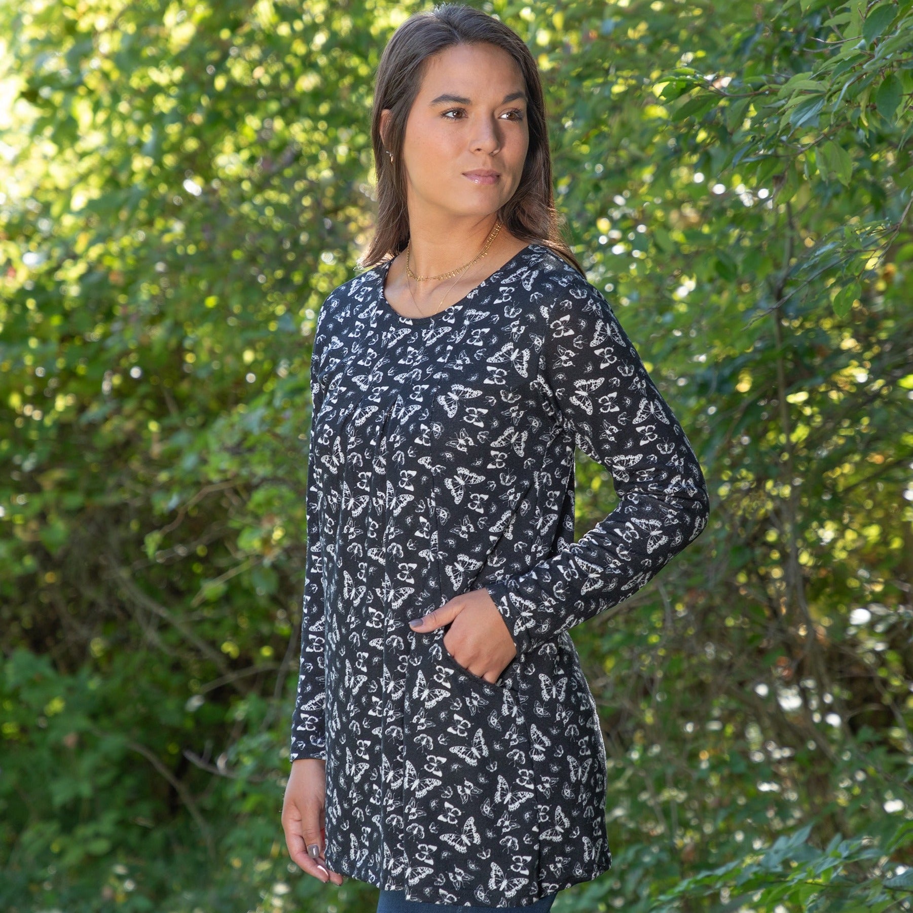 Butterfly Long Sleeve Tunic With Pockets - Black - S