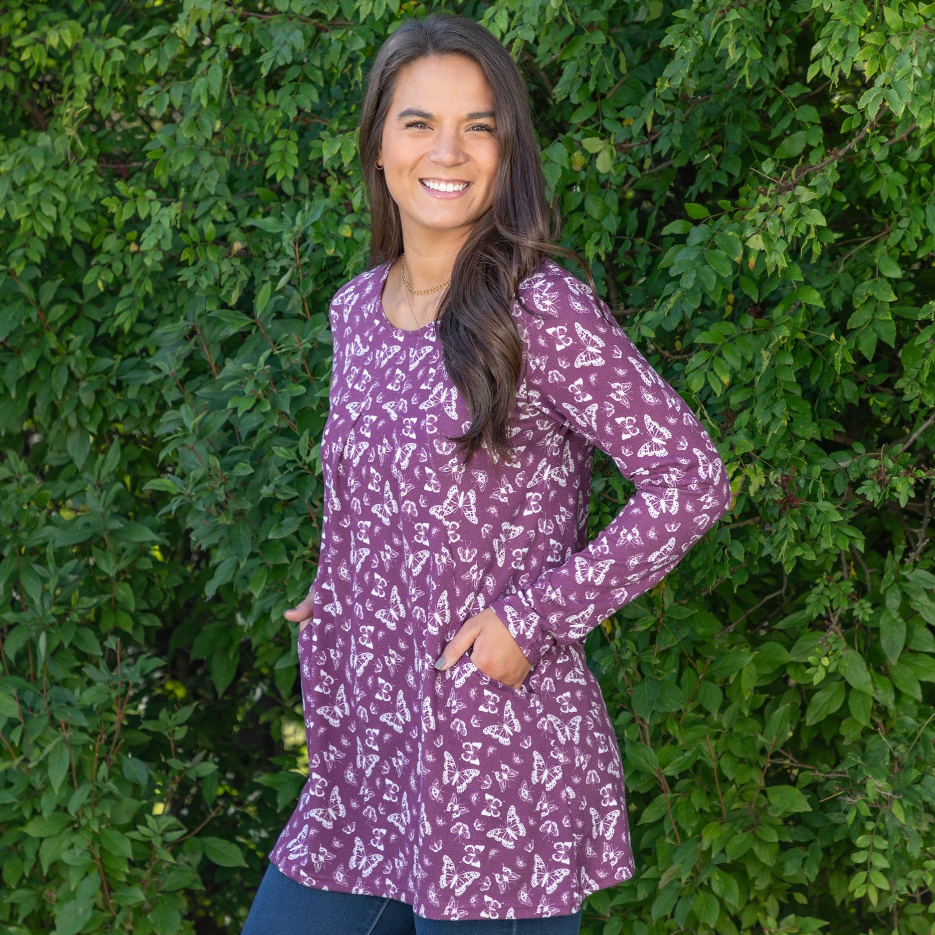 Butterfly Long Sleeve Tunic With Pockets - Purple - M