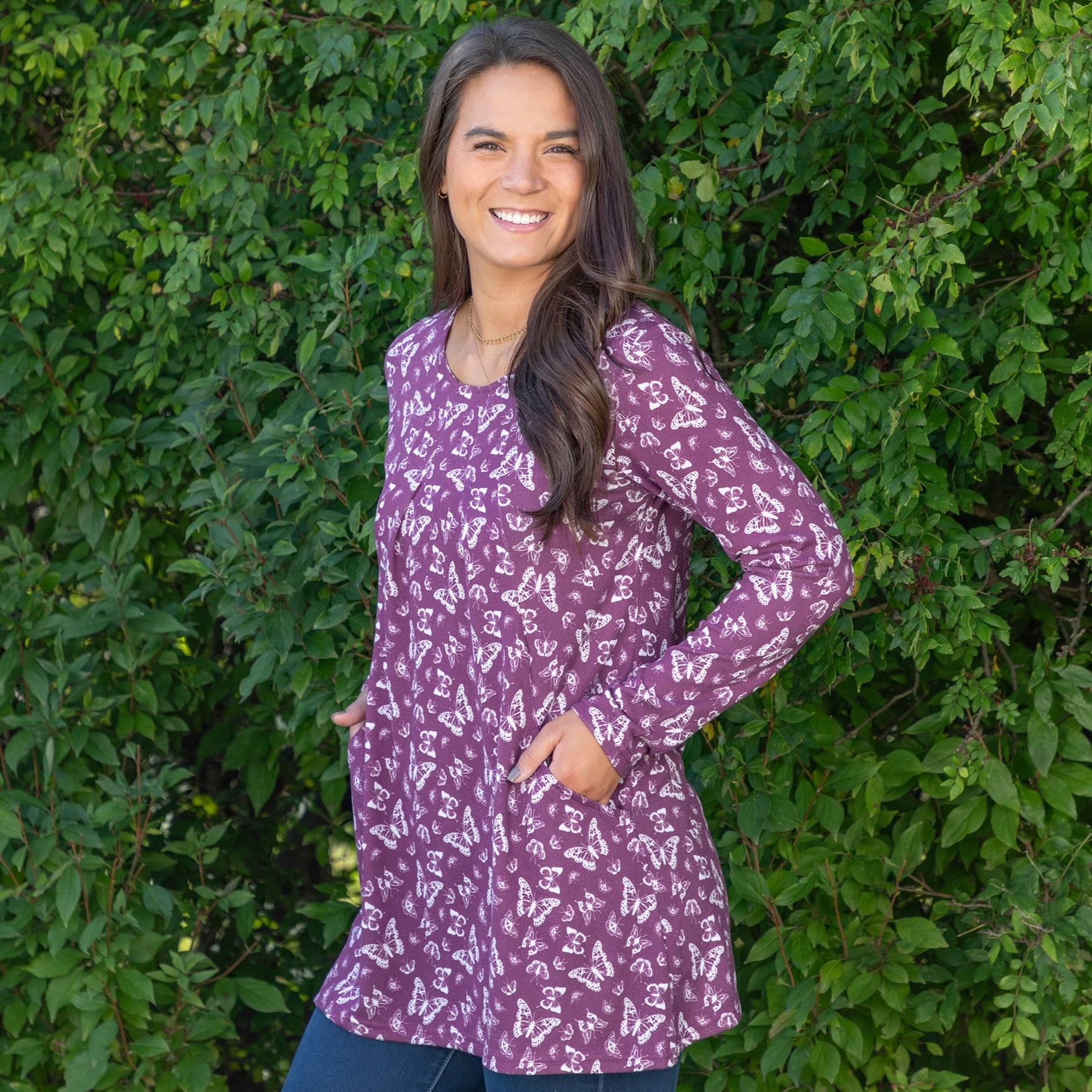 Butterfly Long Sleeve Tunic With Pockets - Purple - XL
