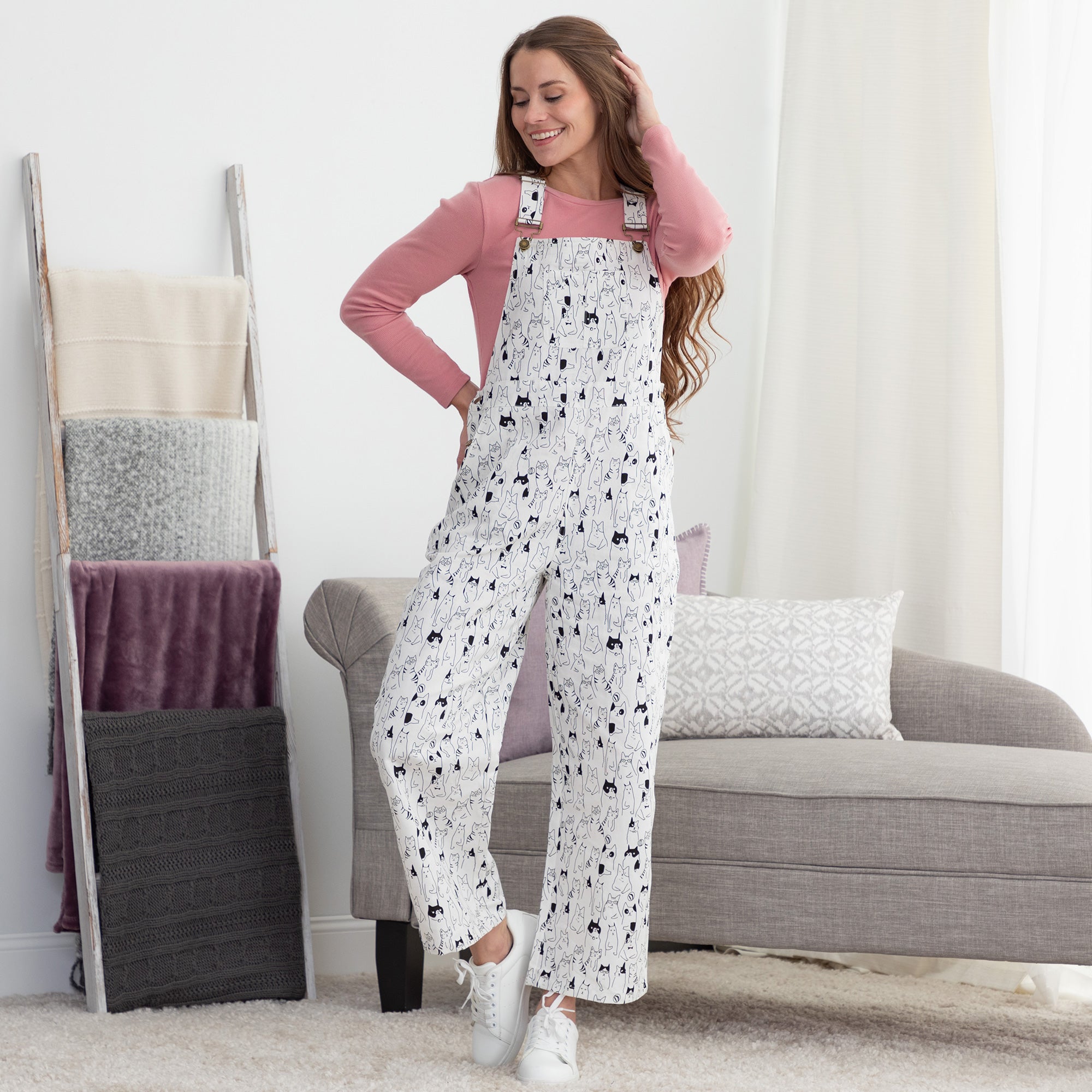All Over Cat Overalls - White - M