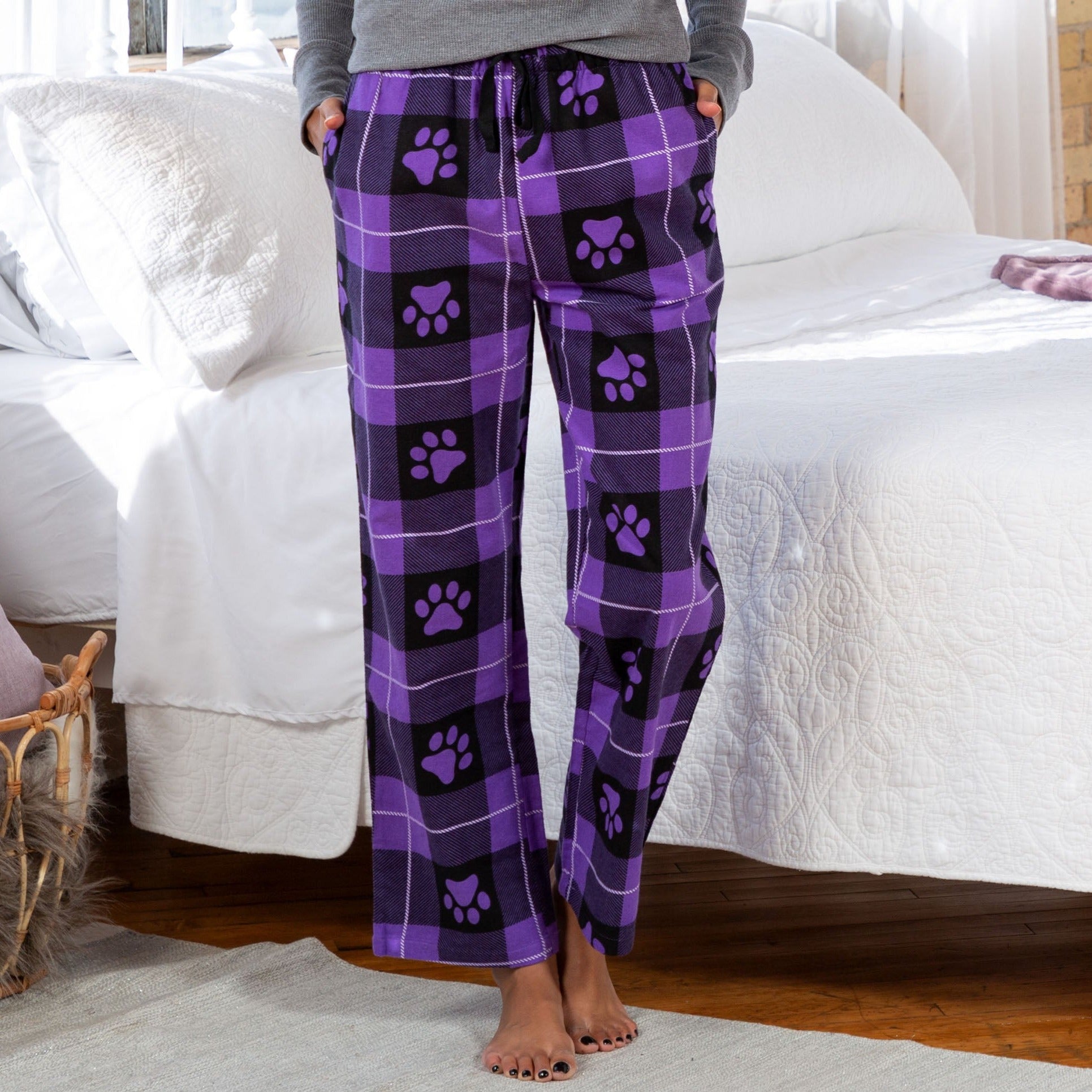 Women's Flannel Paw Pajama Pants , 100% Cotton - Jewel Tone Paws & Plaid - S