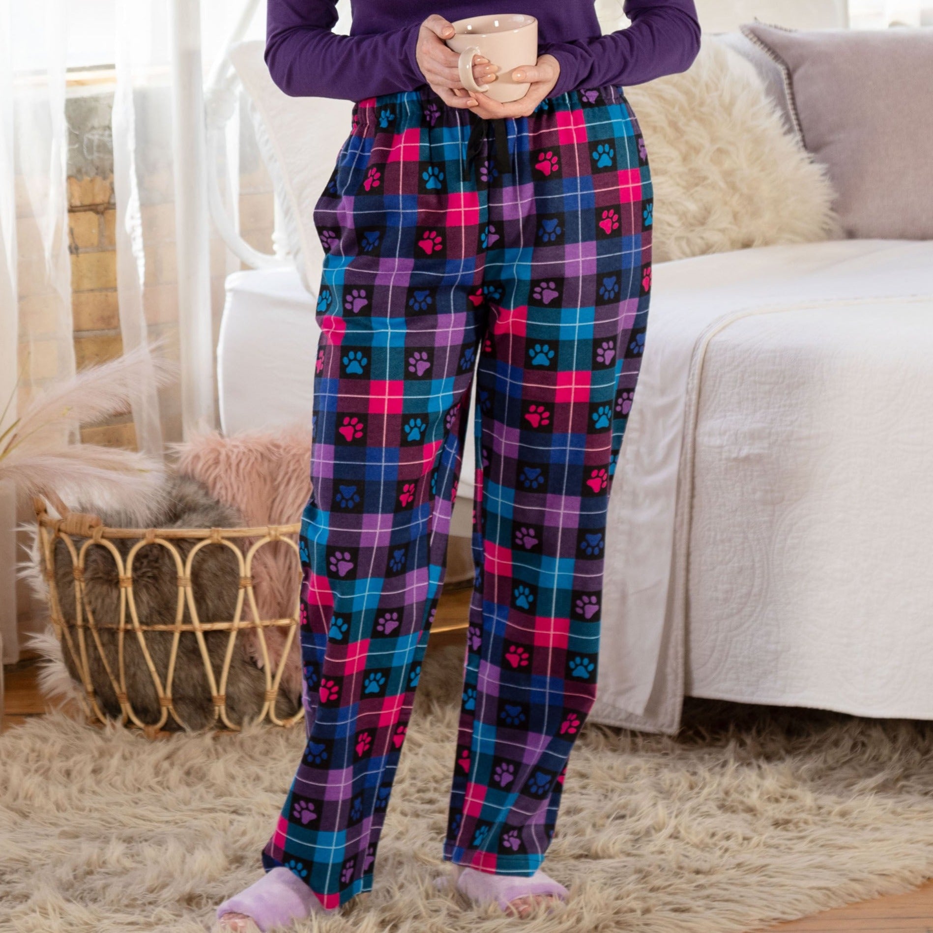 Women's Flannel Paw Pajama Pants , 100% Cotton - Jewel Tone Paws & Plaid - S