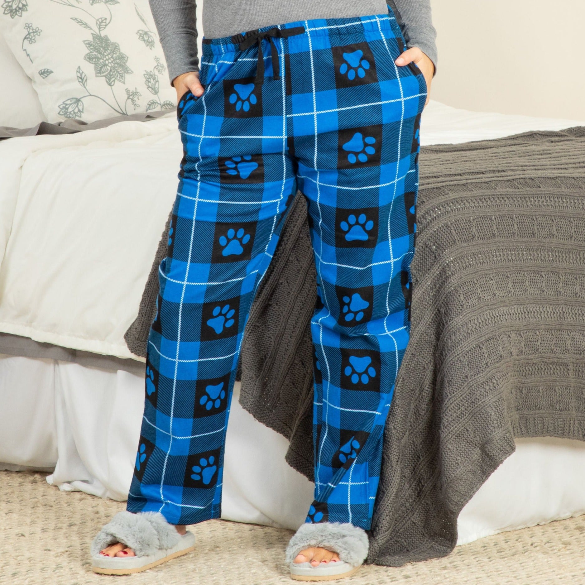 Women's Flannel Paw Pajama Pants , 100% Cotton - Paw Buffalo Check - Blue - L