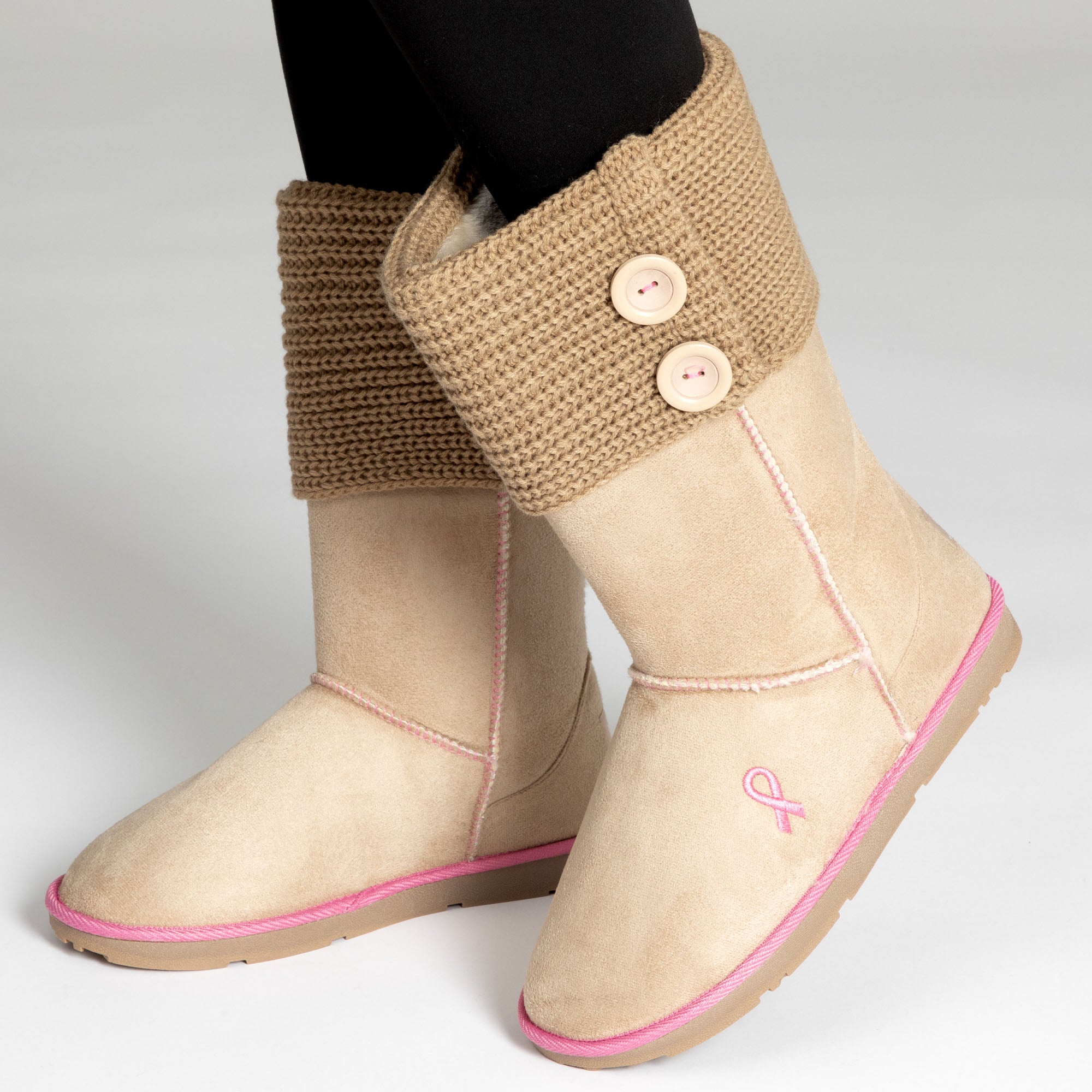Pink Ribbon Womens Knit Boots , Breast Cancer Boots For Women - Tan - 6