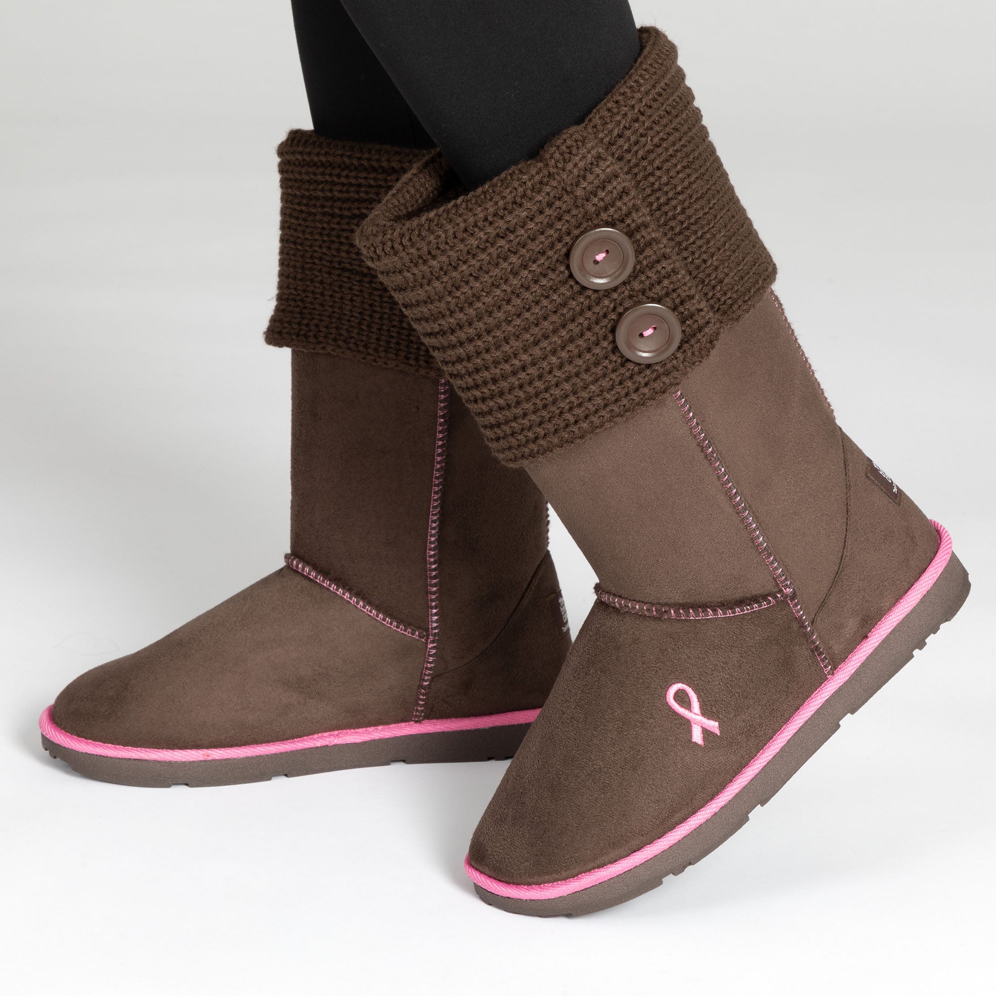 Pink Ribbon Womens Knit Boots , Breast Cancer Boots For Women - Tan - 8