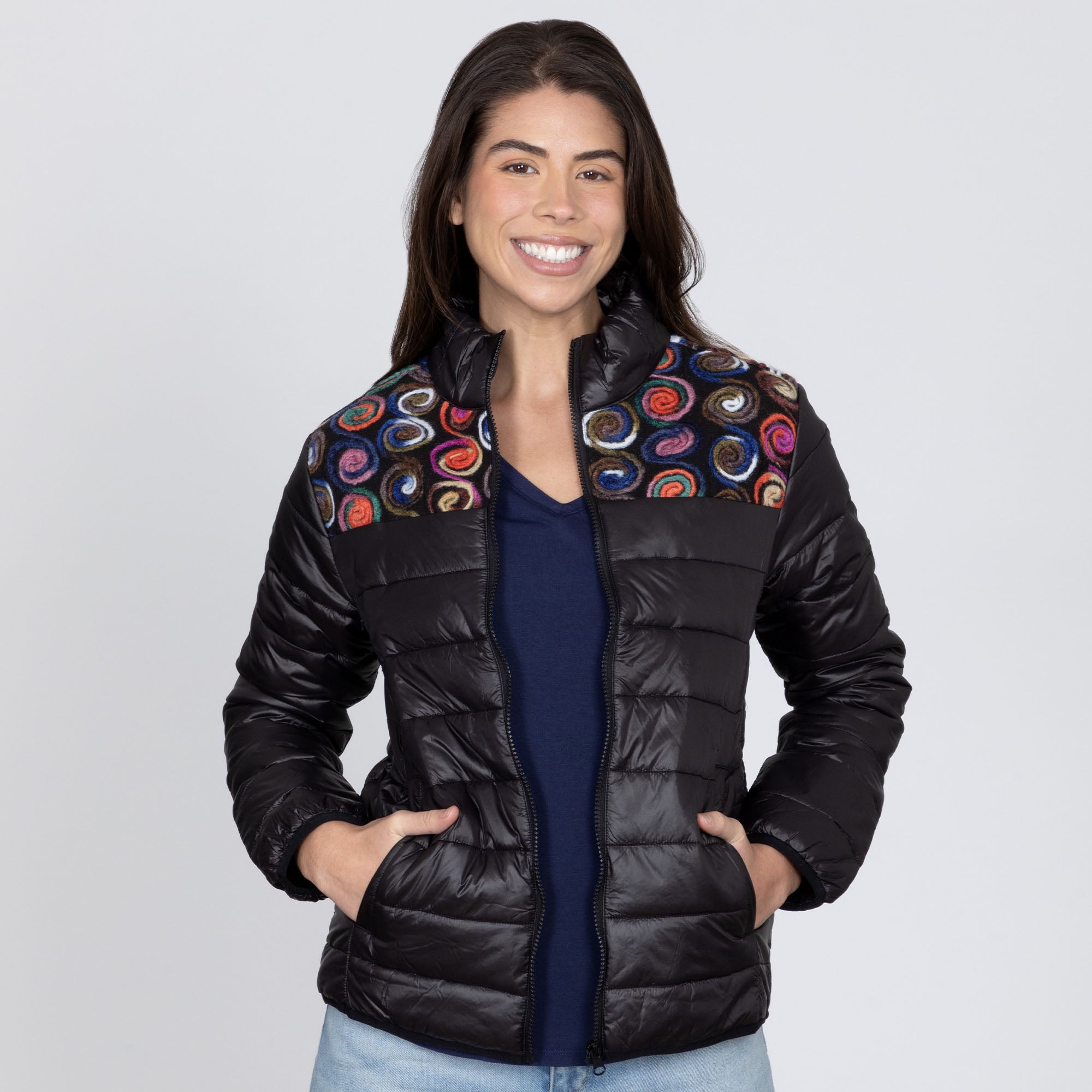 Mixed Fabric Embroidery Insulated Jacket - S