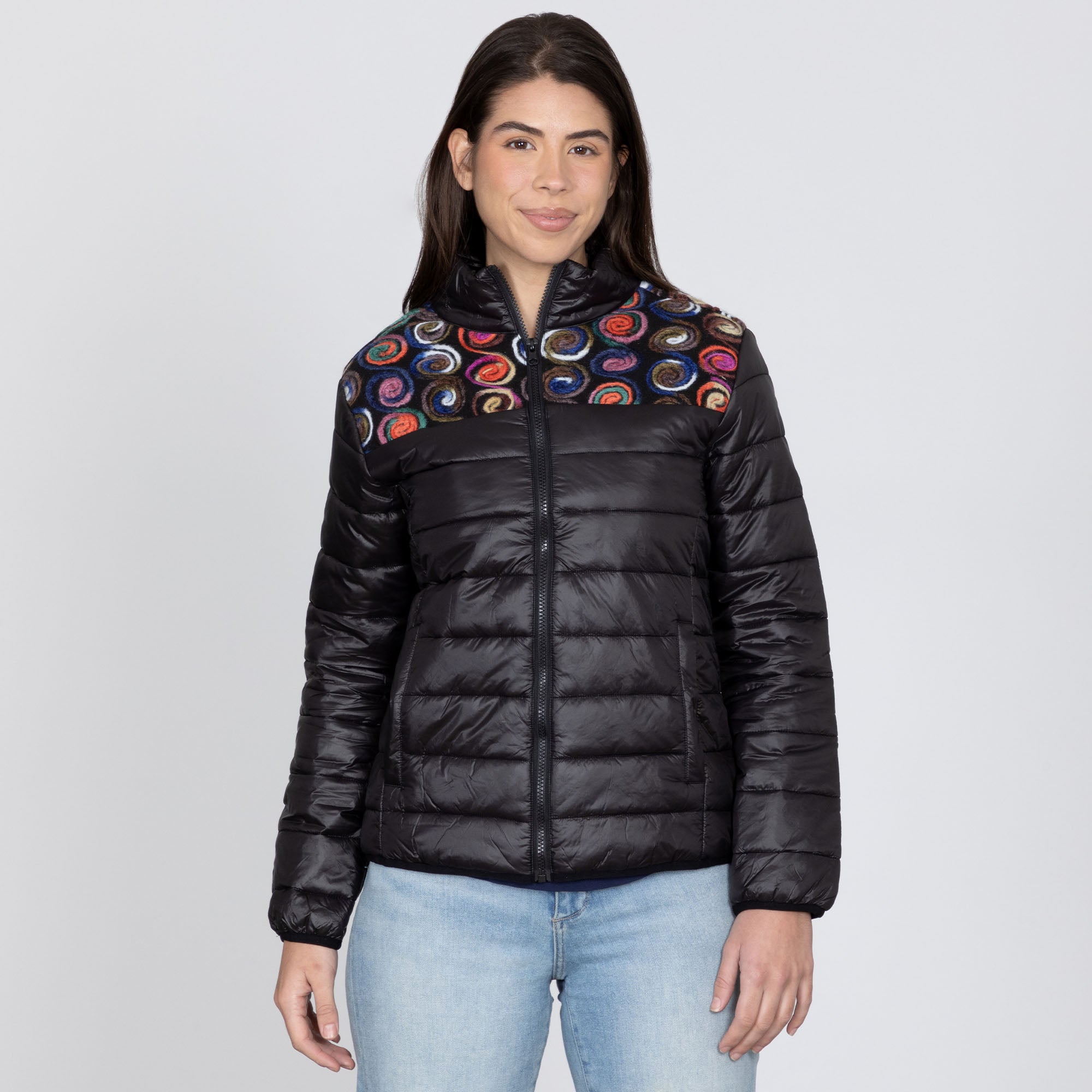 Mixed Fabric Embroidery Insulated Jacket - 1X