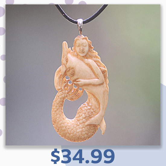 Mermaid & Dolphin Hand-Carved Pendant Necklace - $34.99