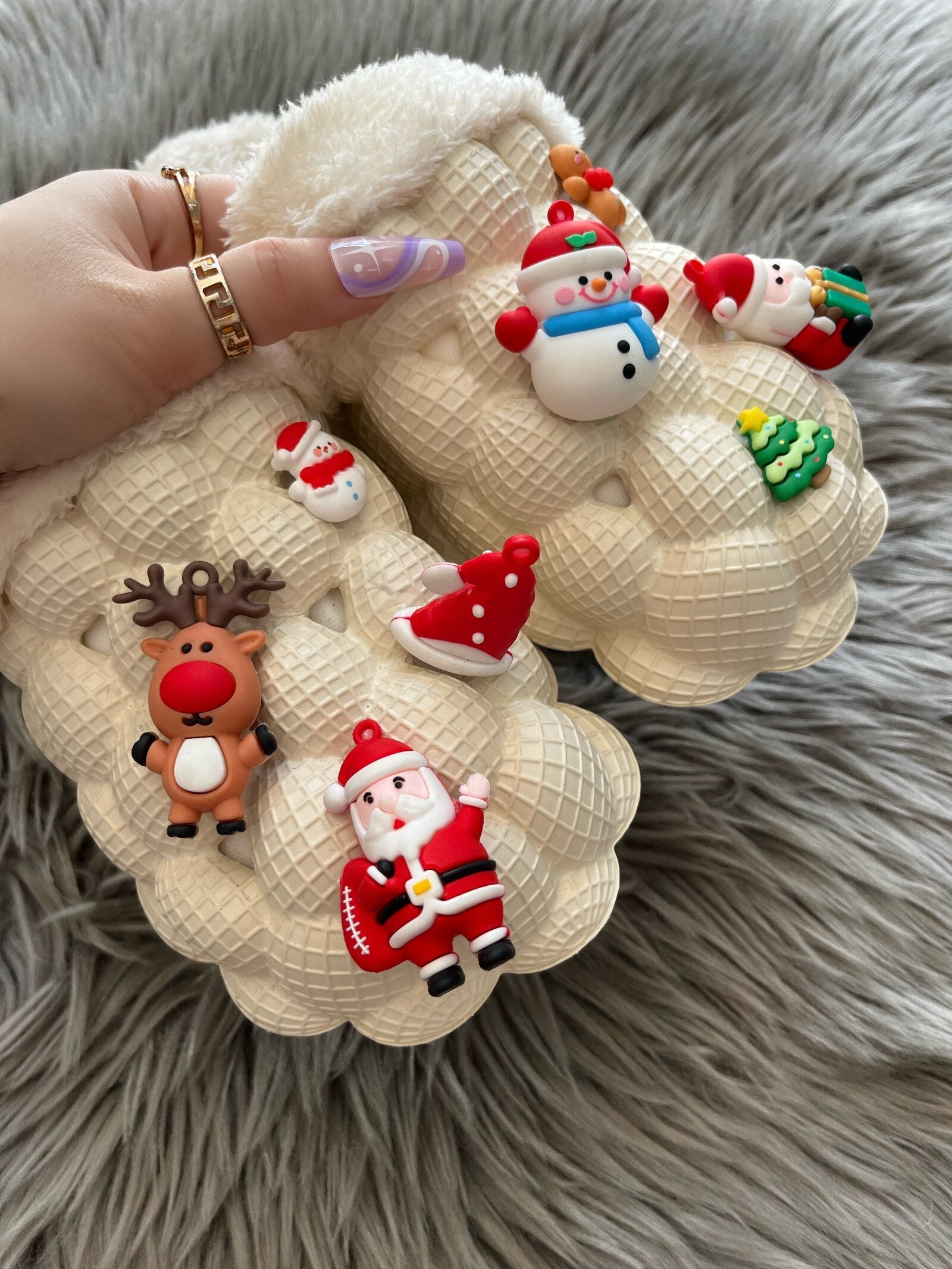 Christmas DIY Bubble Furry House Slide Slippers - Apricot - 6.5
