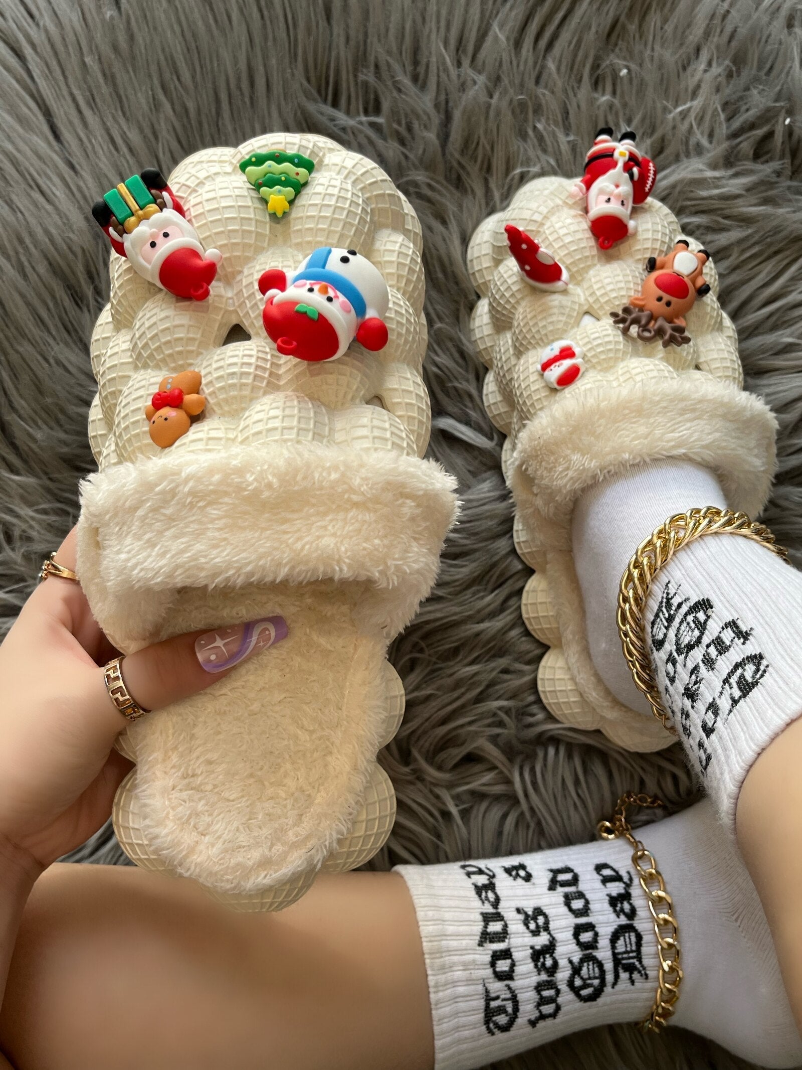 Christmas DIY Bubble Furry House Slide Slippers - Apricot - 6.5