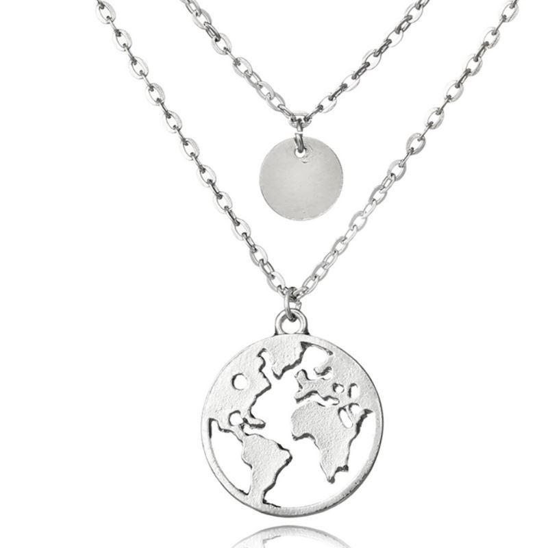 World Map Layering Necklace - Silver