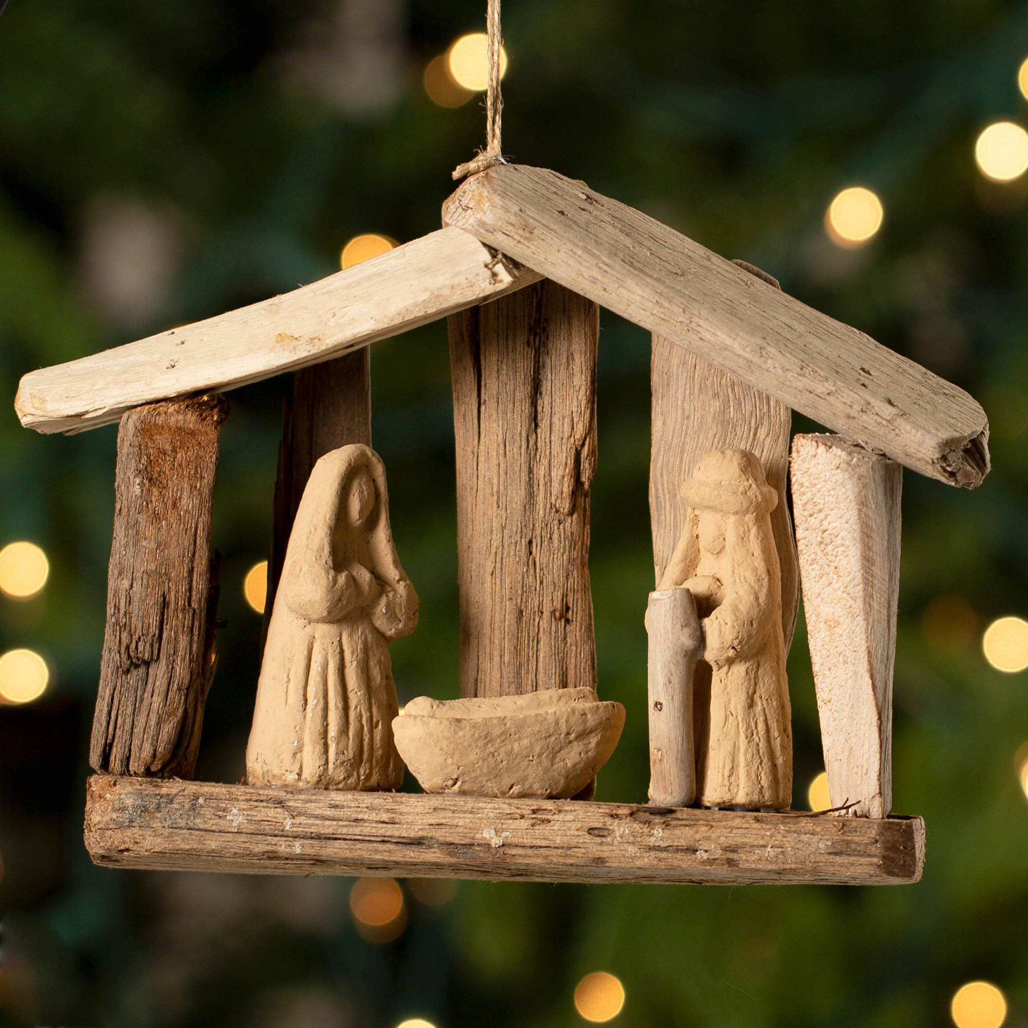 Recycled Driftwood Wooden Nativity Christmas Ornament - Manger