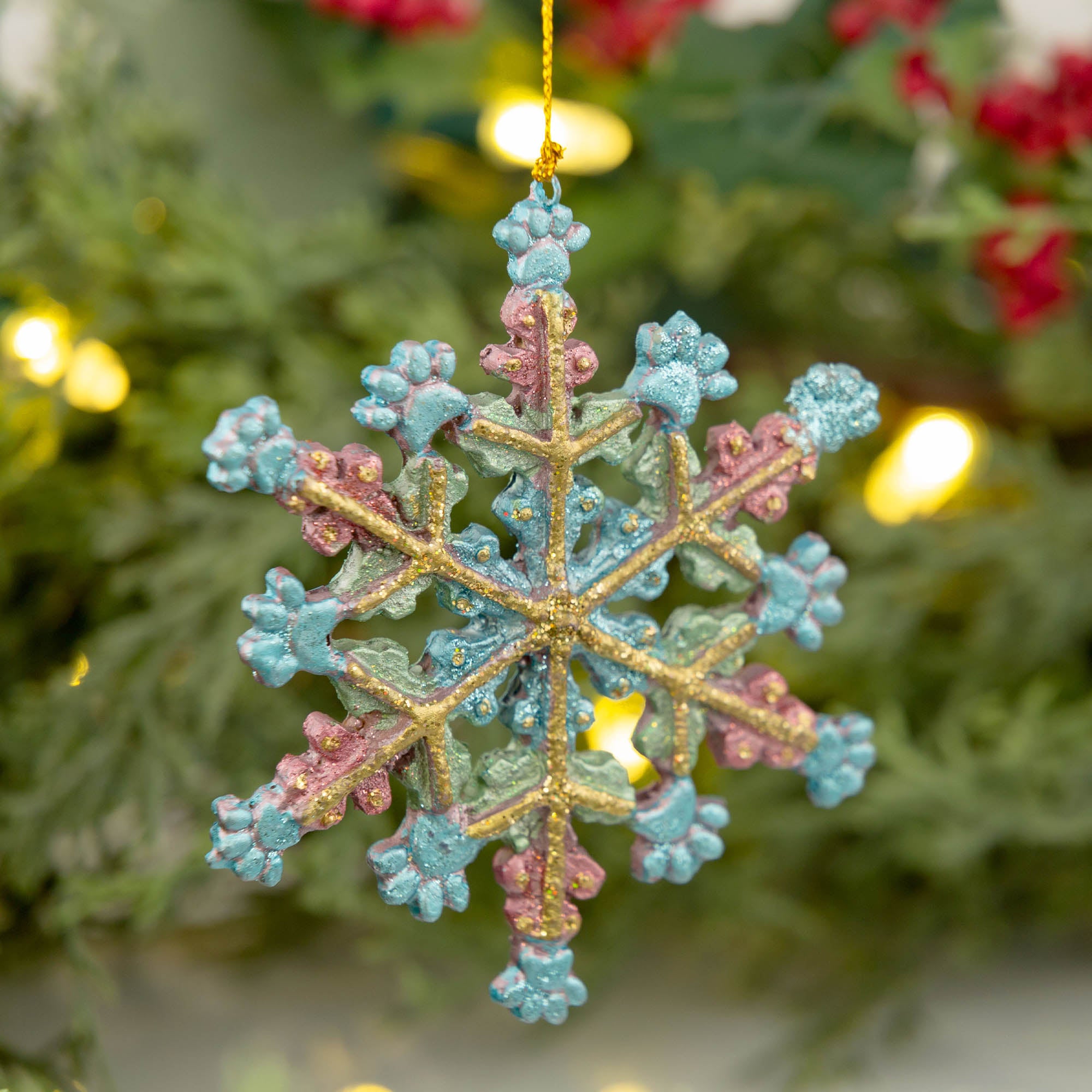 Glitter Paw Print Snowflake Ornament - Pink & Green