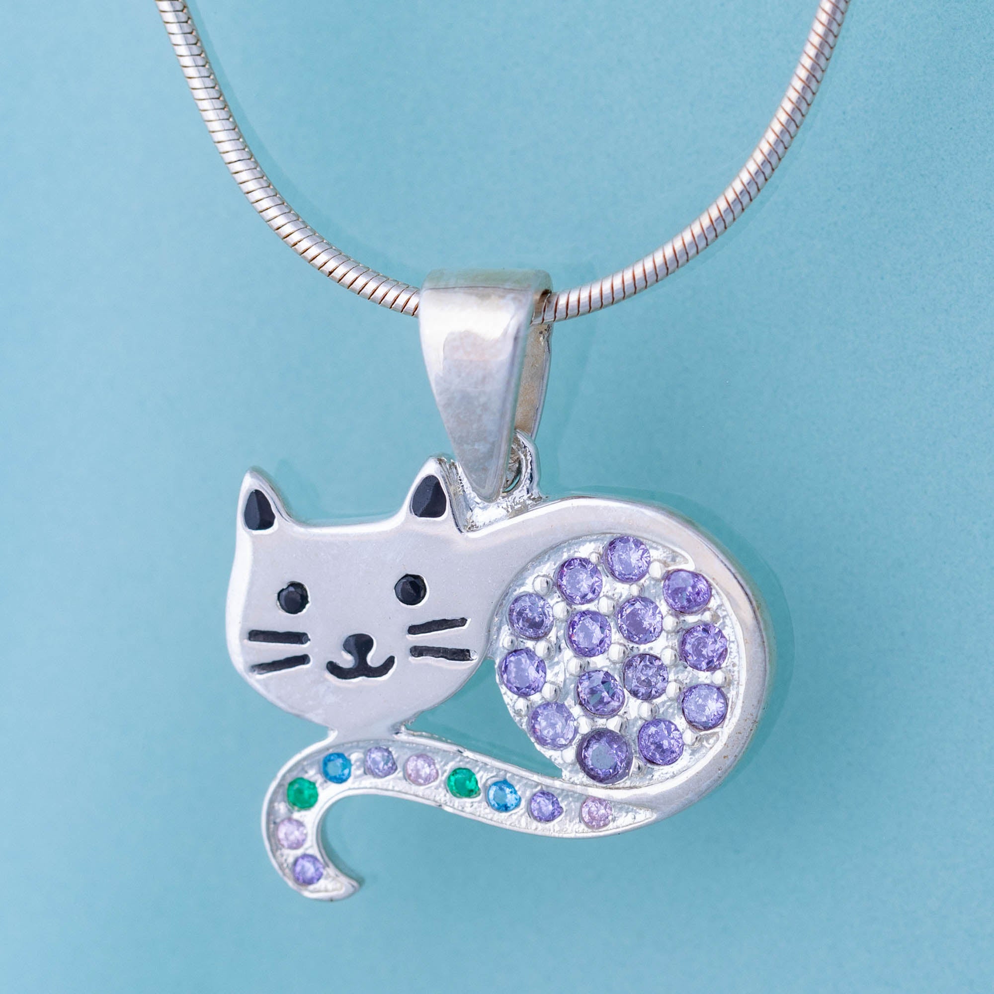Sweet Kitty Cat Sterling & Crystal Necklace - With Snake Chain