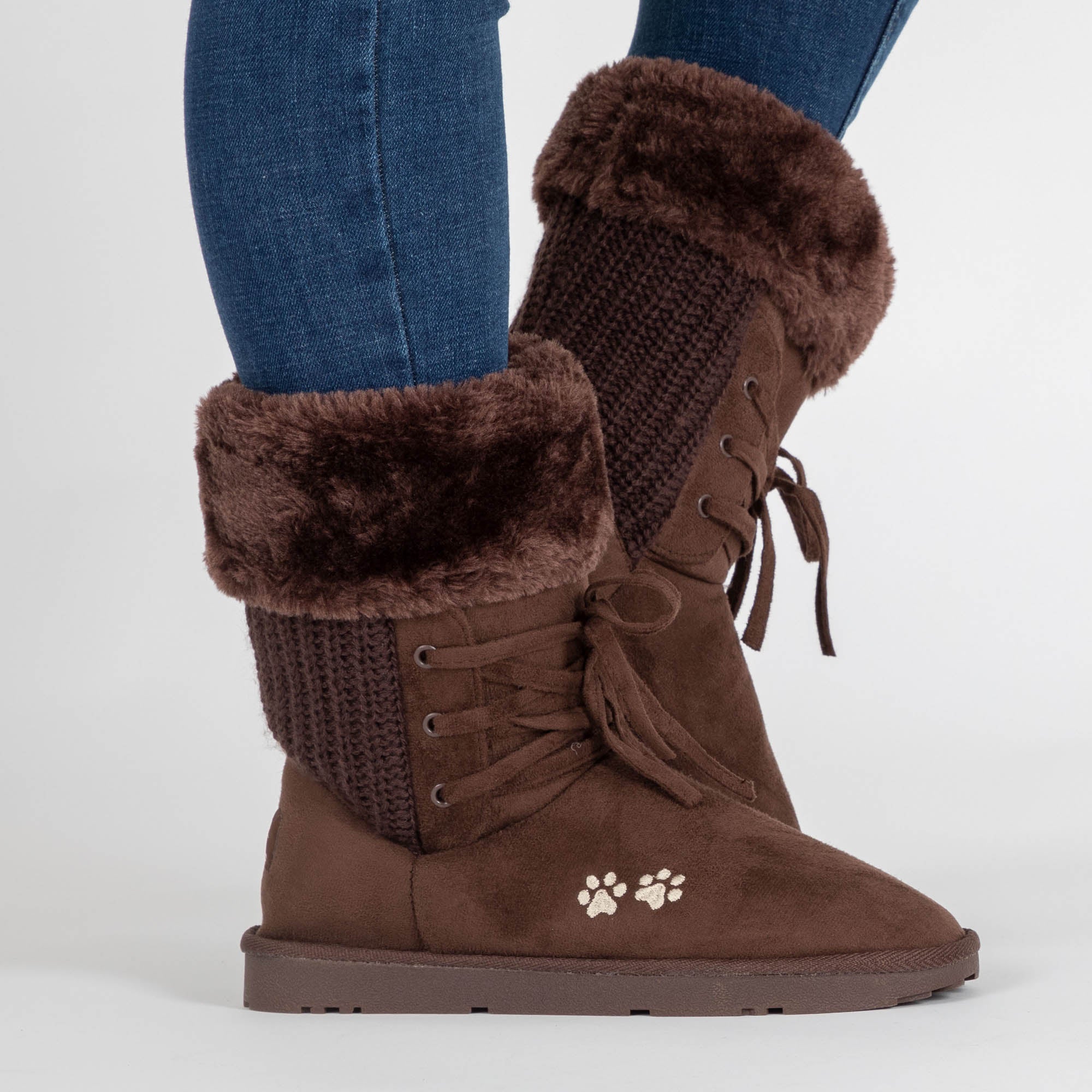 Lace-Up Paw Print Sweater Boots - Brown - 8
