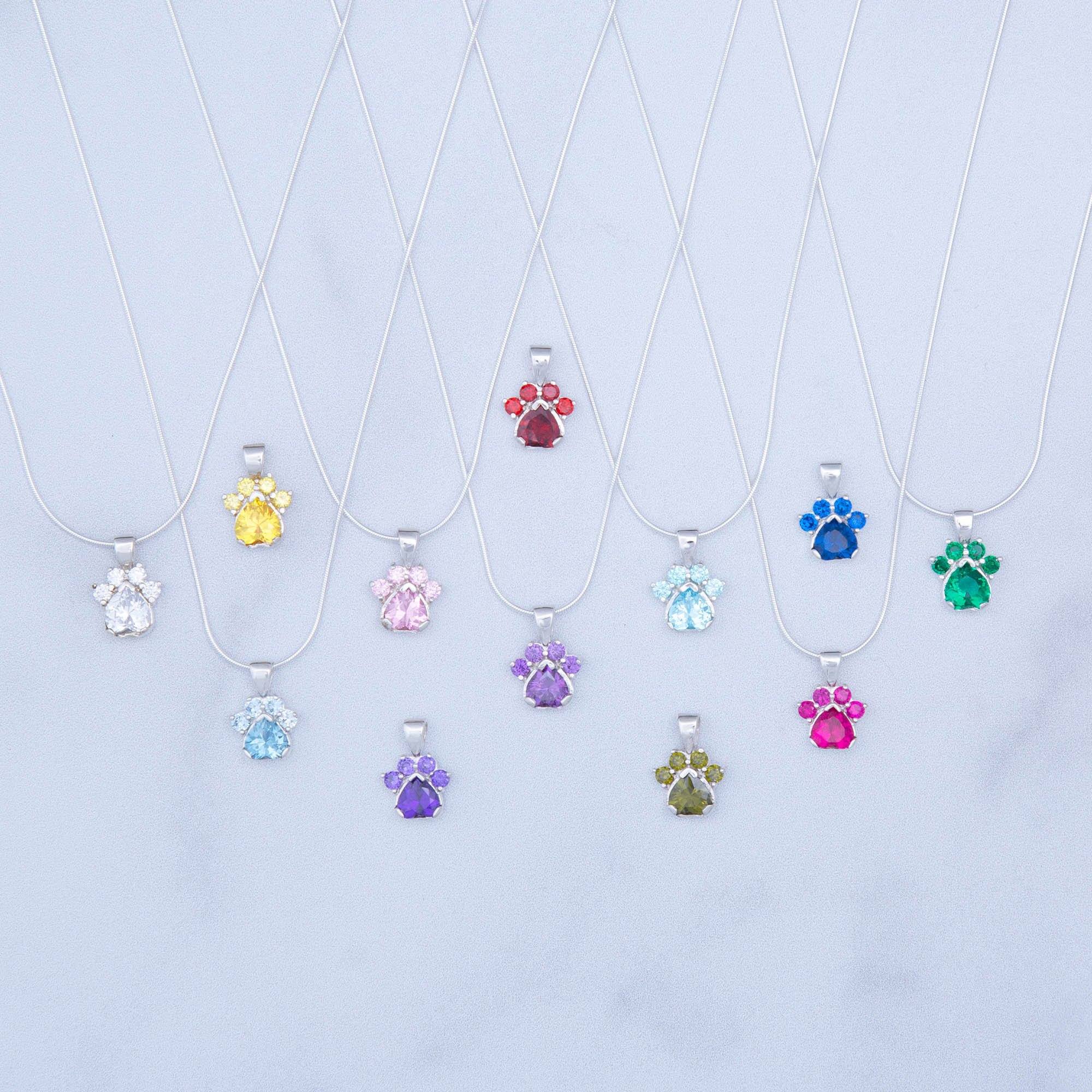 Paw Print Birthstone Sterling Necklace - July - With Diamond Cut Chain