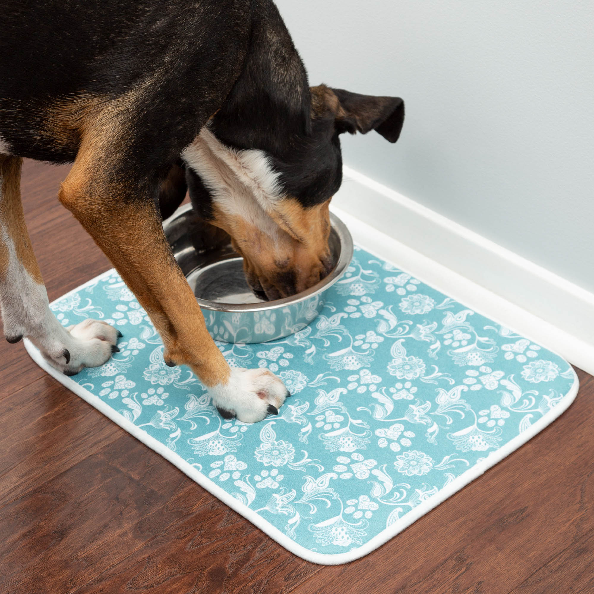 Messy Paws Absorbent Pet Dish Mat - Turquoise Paisley Paws
