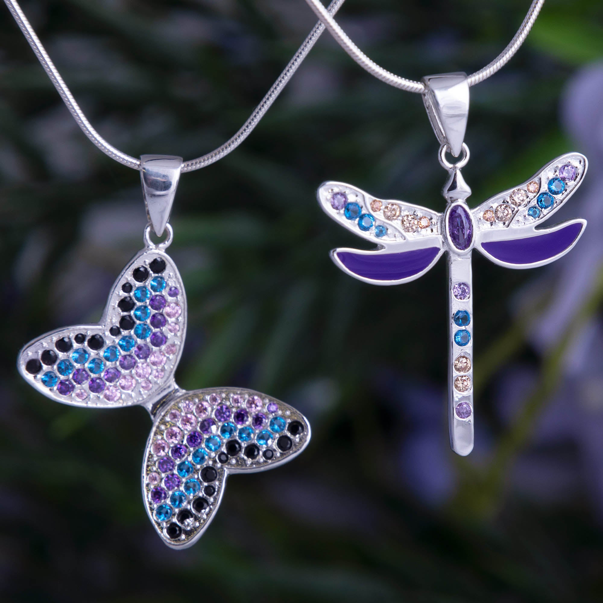 Fluttering Friends Sterling & Crystal Necklace - Butterfly - With Diamond Cut Chain