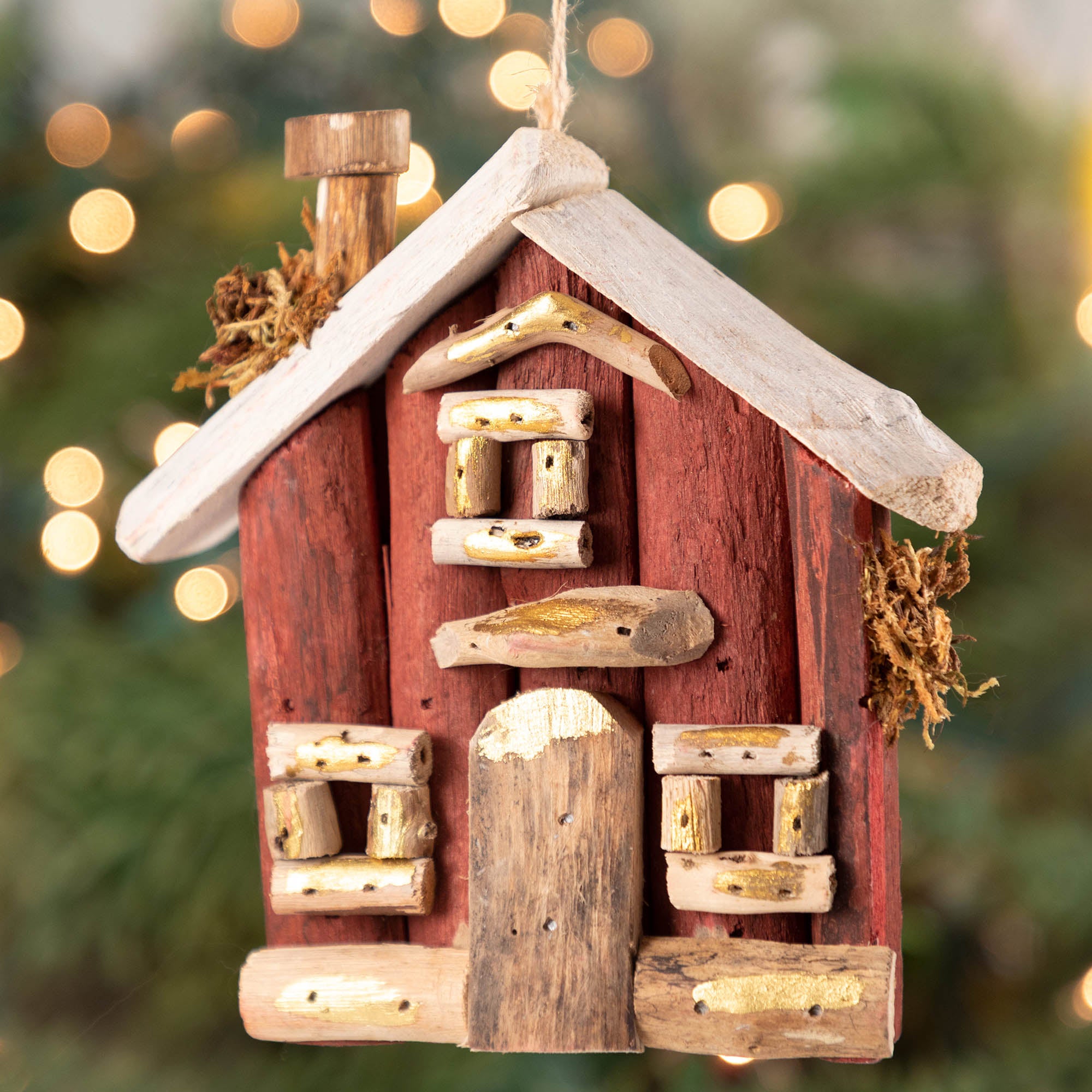 Handmade Recycled Driftwood Christmas House Ornament - Red