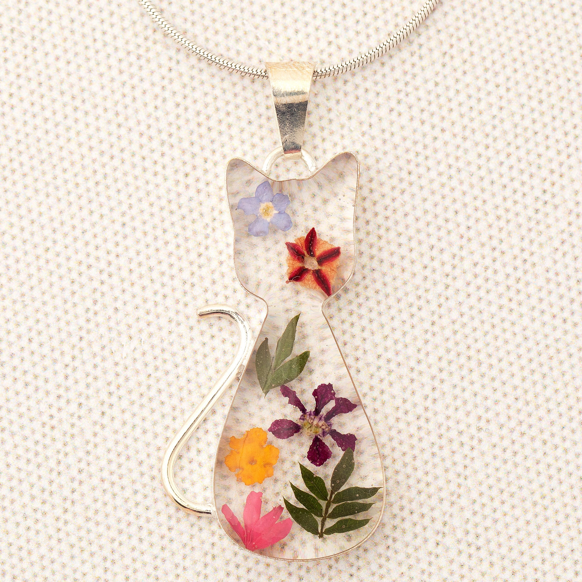 Real Flowers & Sterling Cat Necklace - With Sterling Cable Chain