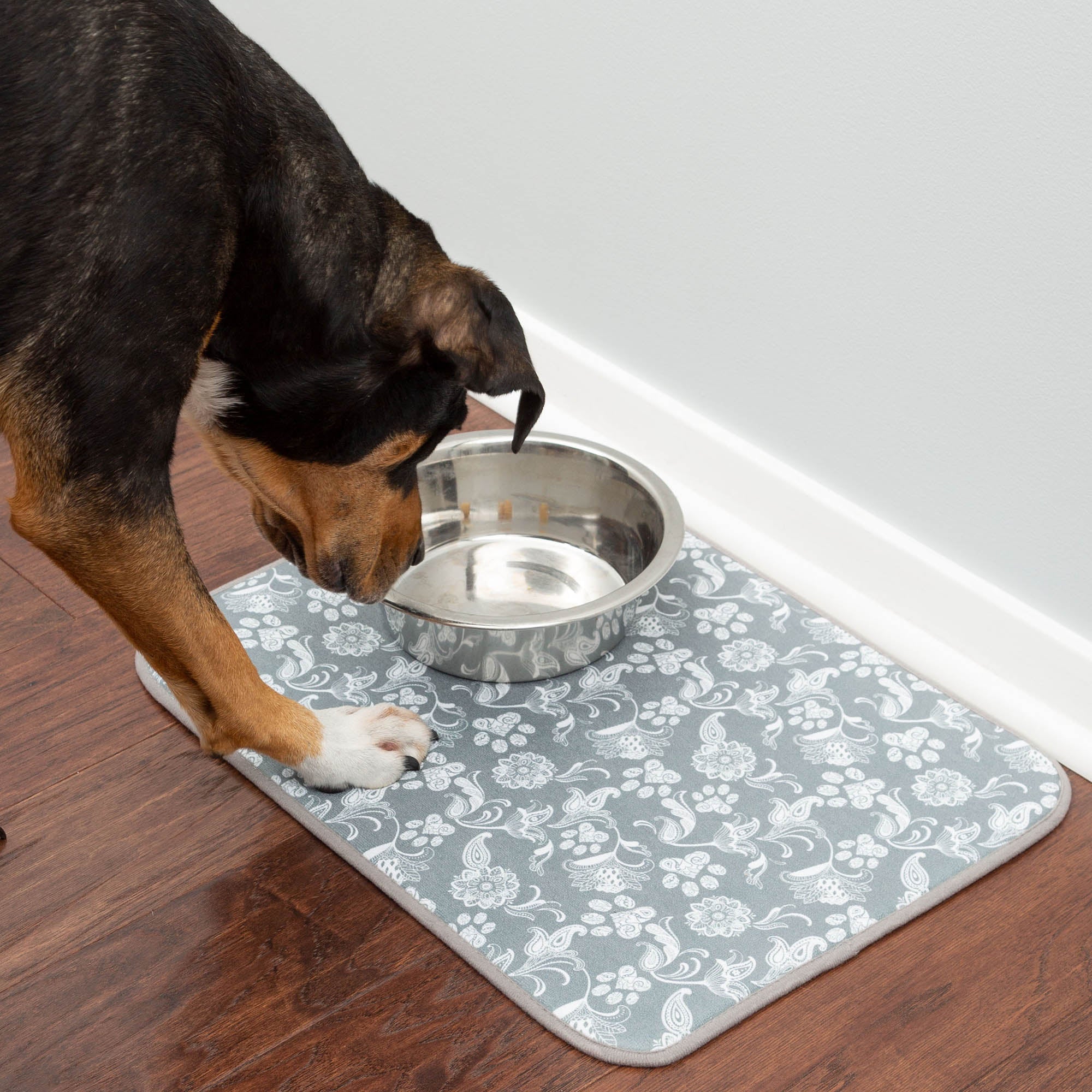 Messy Paws Absorbent Pet Dish Mat - Gray Paisley Paws