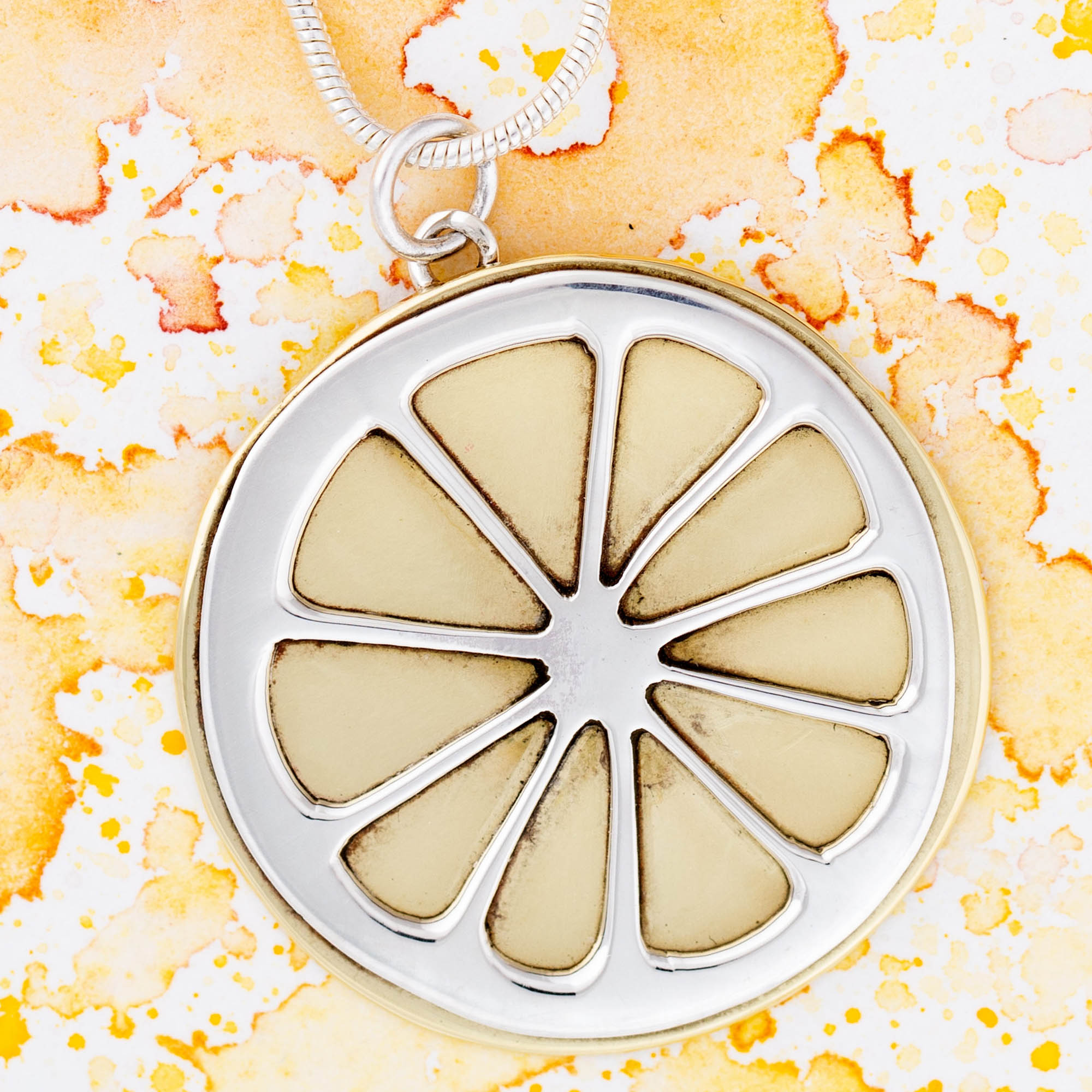 Lemon Slice Sterling & Brass Necklace - With Diamond Cut Chain