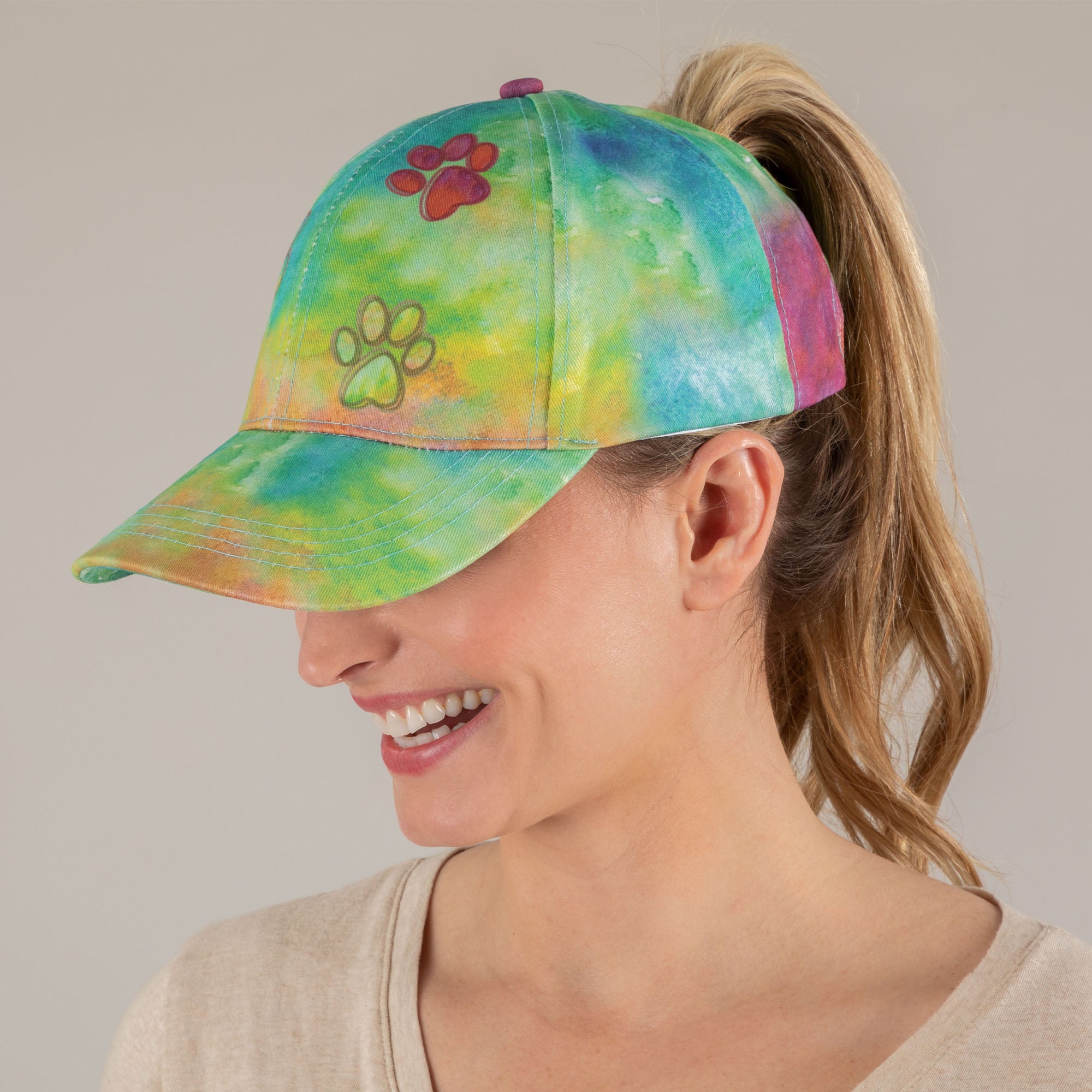 Paw Print Tie-Dye Ponytail Hat - Multi