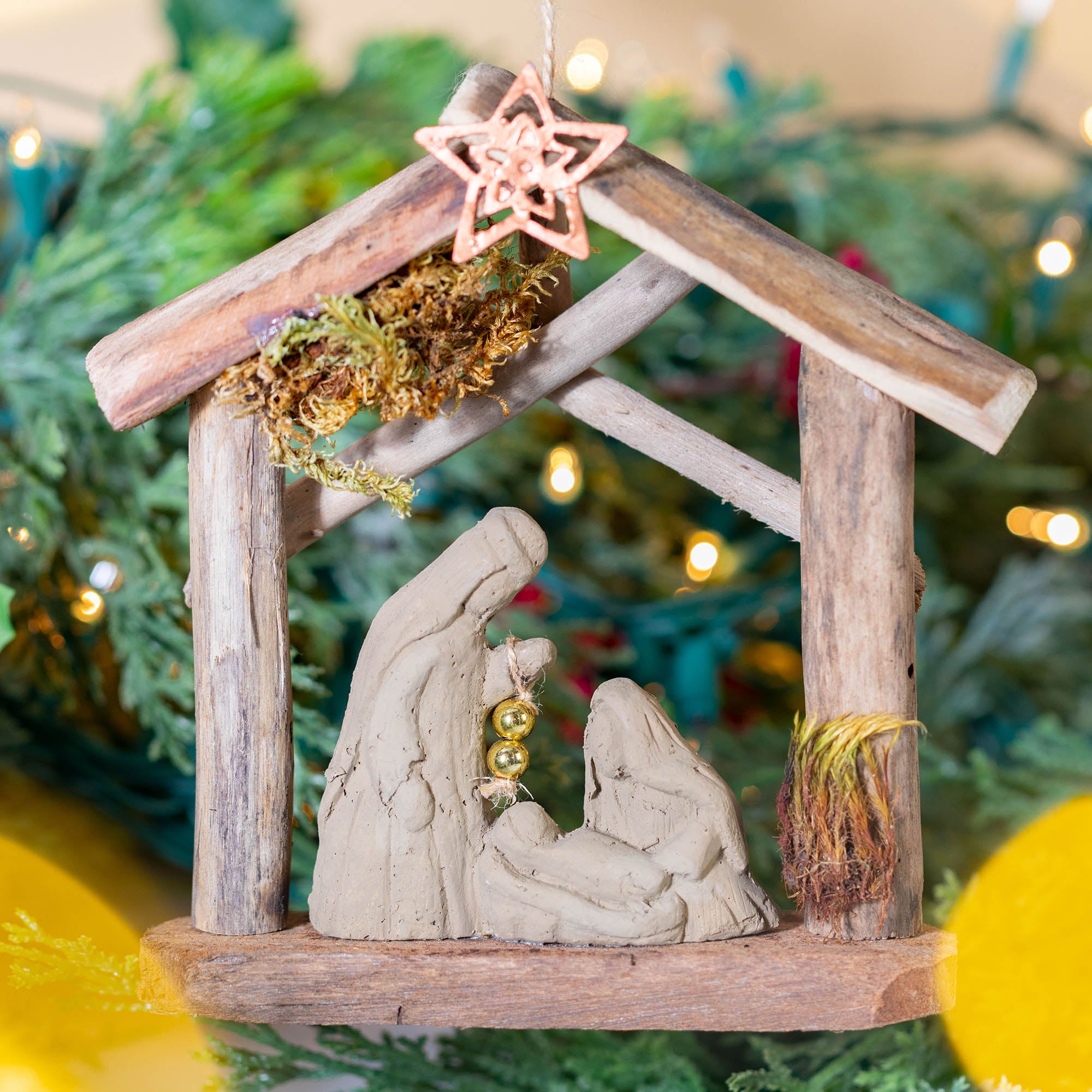 Recycled Driftwood Wooden Nativity Christmas Ornament - Holy Family Manger