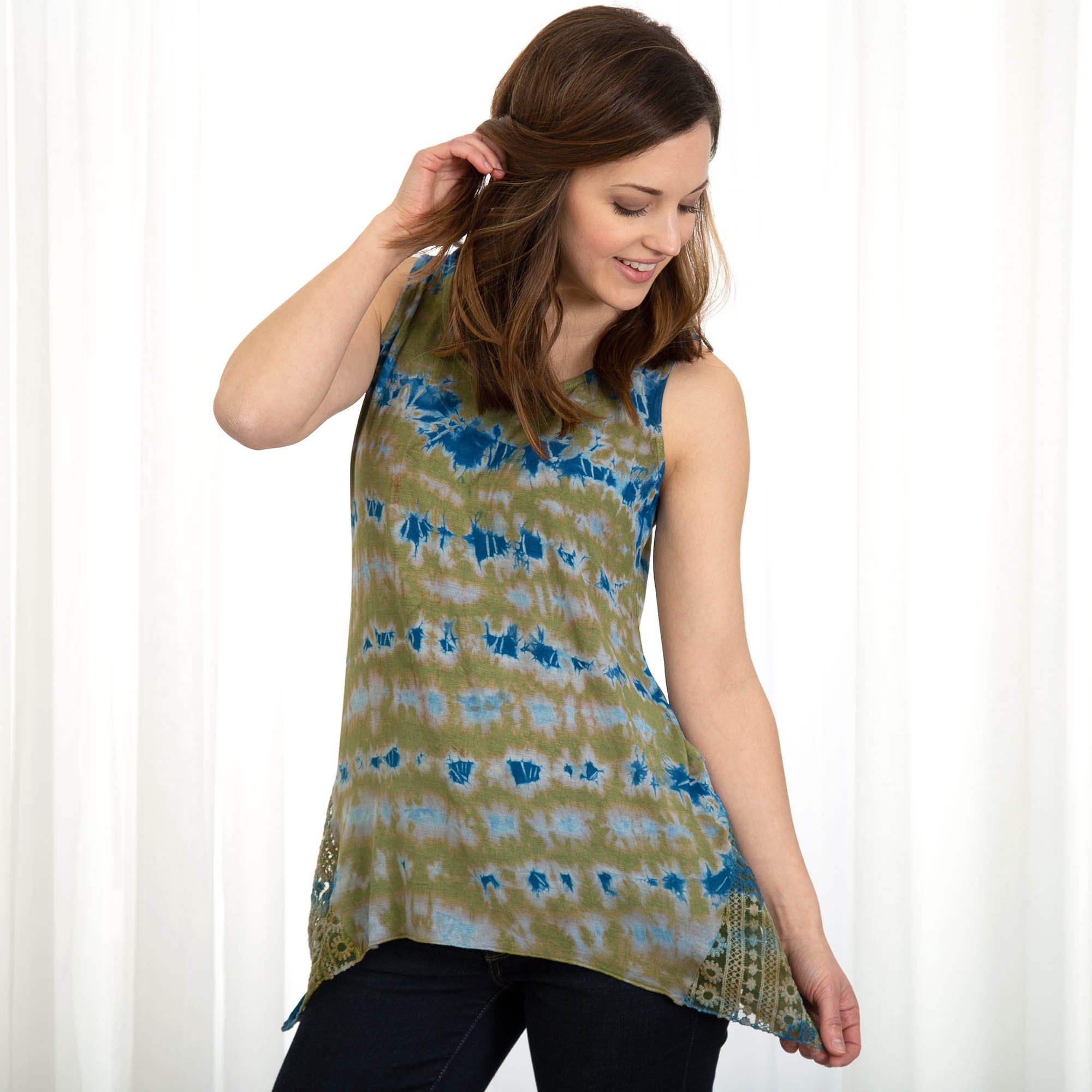 Tie-Dyed Lace-Hip Sleeveless Tunic - Green - S