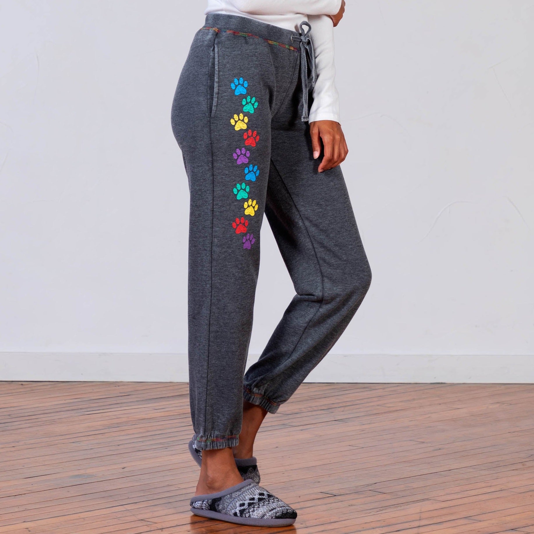 Women's Paw Print Grey Sweatpants With Drawstring - Rainbow - 3X