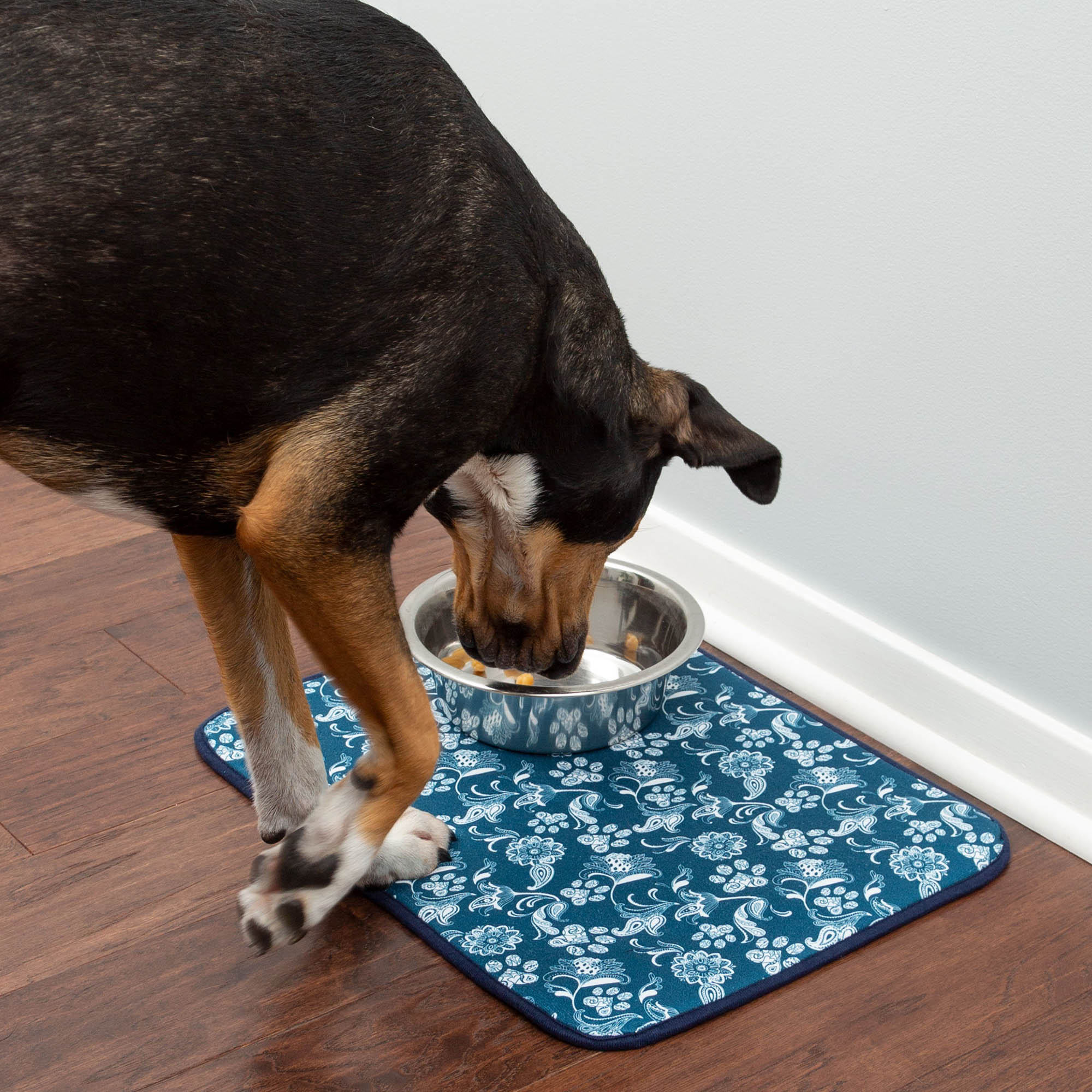 Messy Paws Absorbent Pet Dish Mat - Navy Paisley Paws