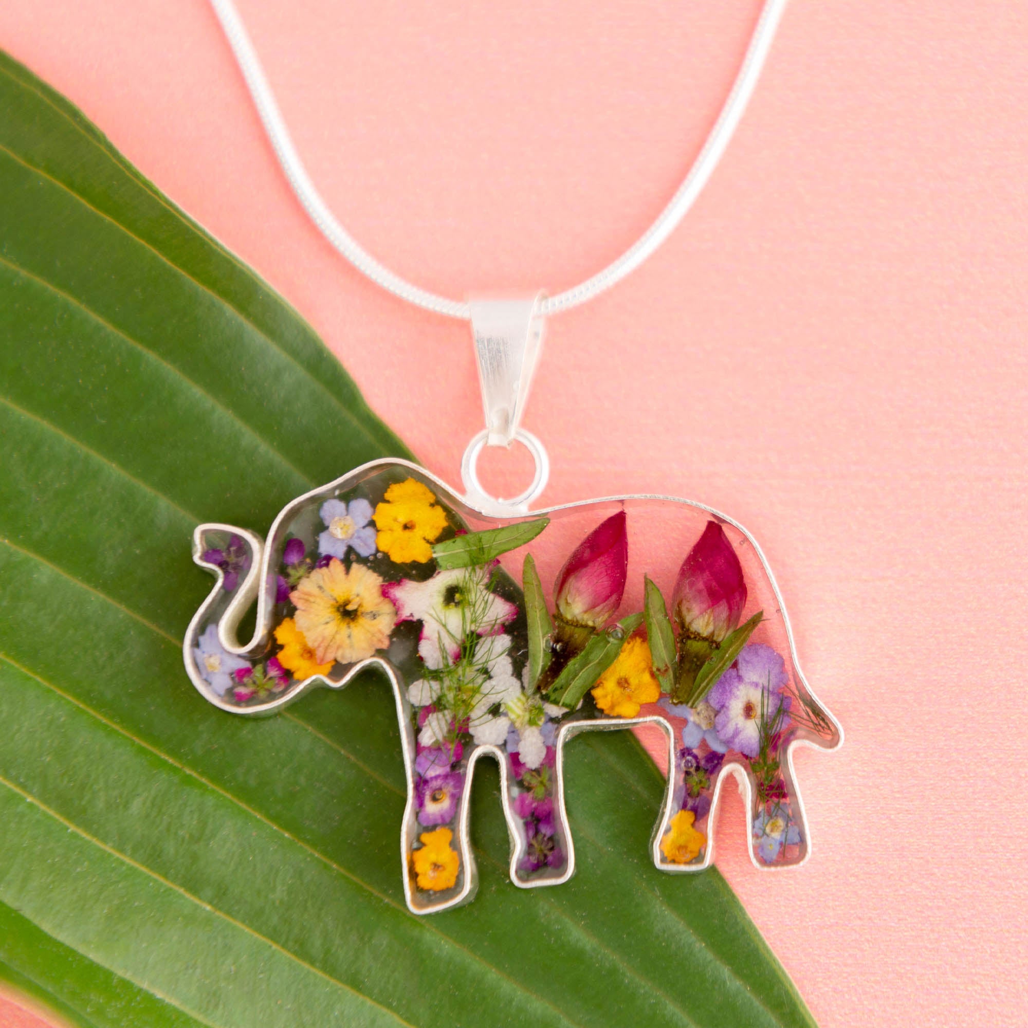 Real Flowers & Sterling Elephant Necklace - With Sterling Cable Chain