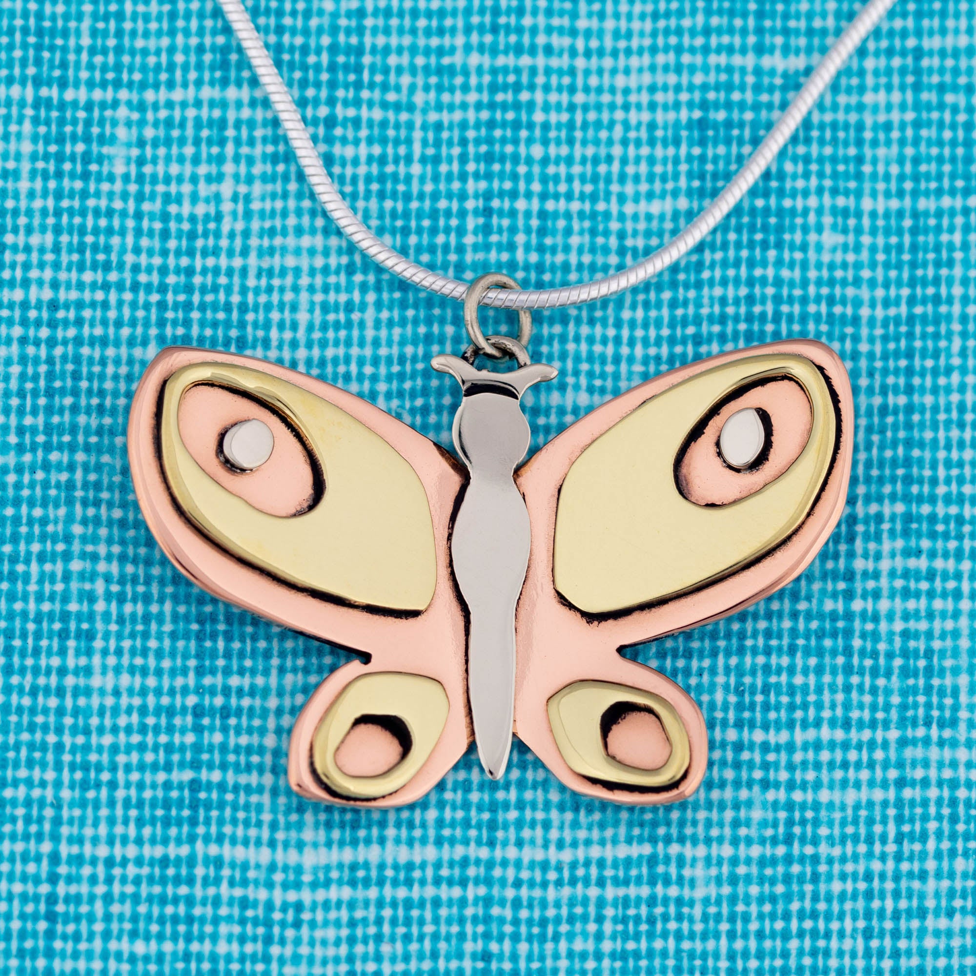 Colorful Butterfly Mixed Metal Necklace - With Silver Plated Chain