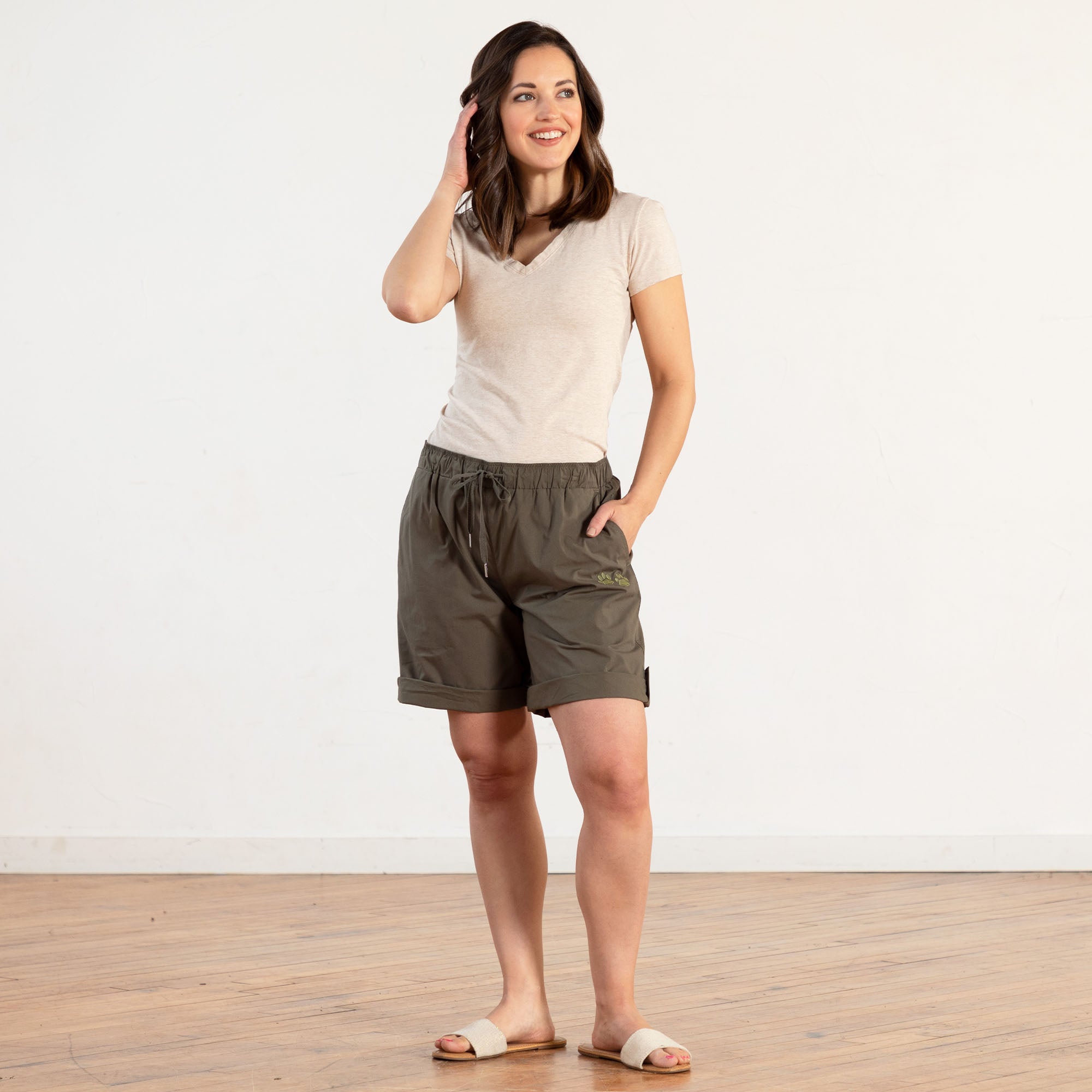 Paw Print Convertible Cuffed Shorts - Olive - 4X