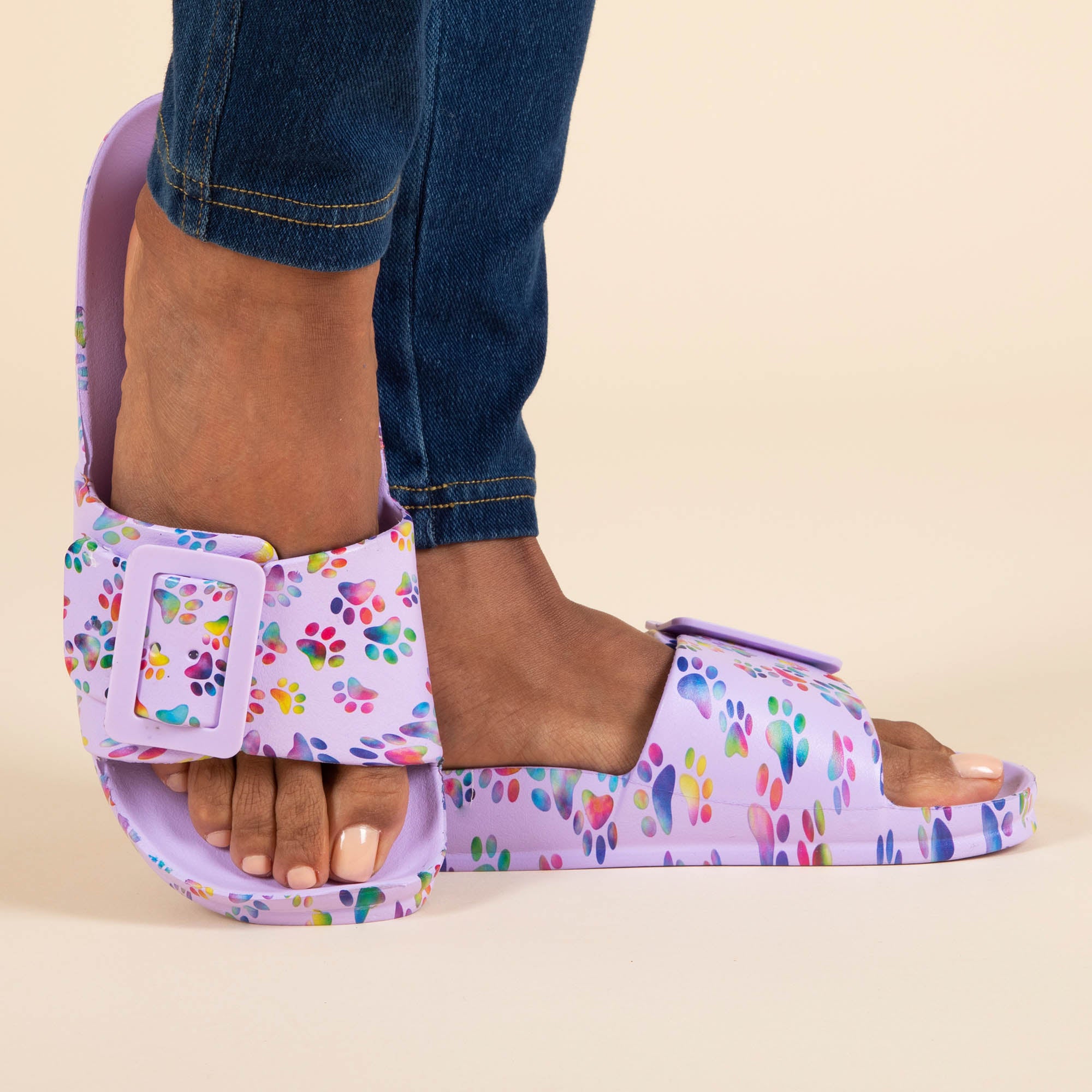 Paw Print Single Buckle Slide Sandals - Bold & Bright Paws - 9