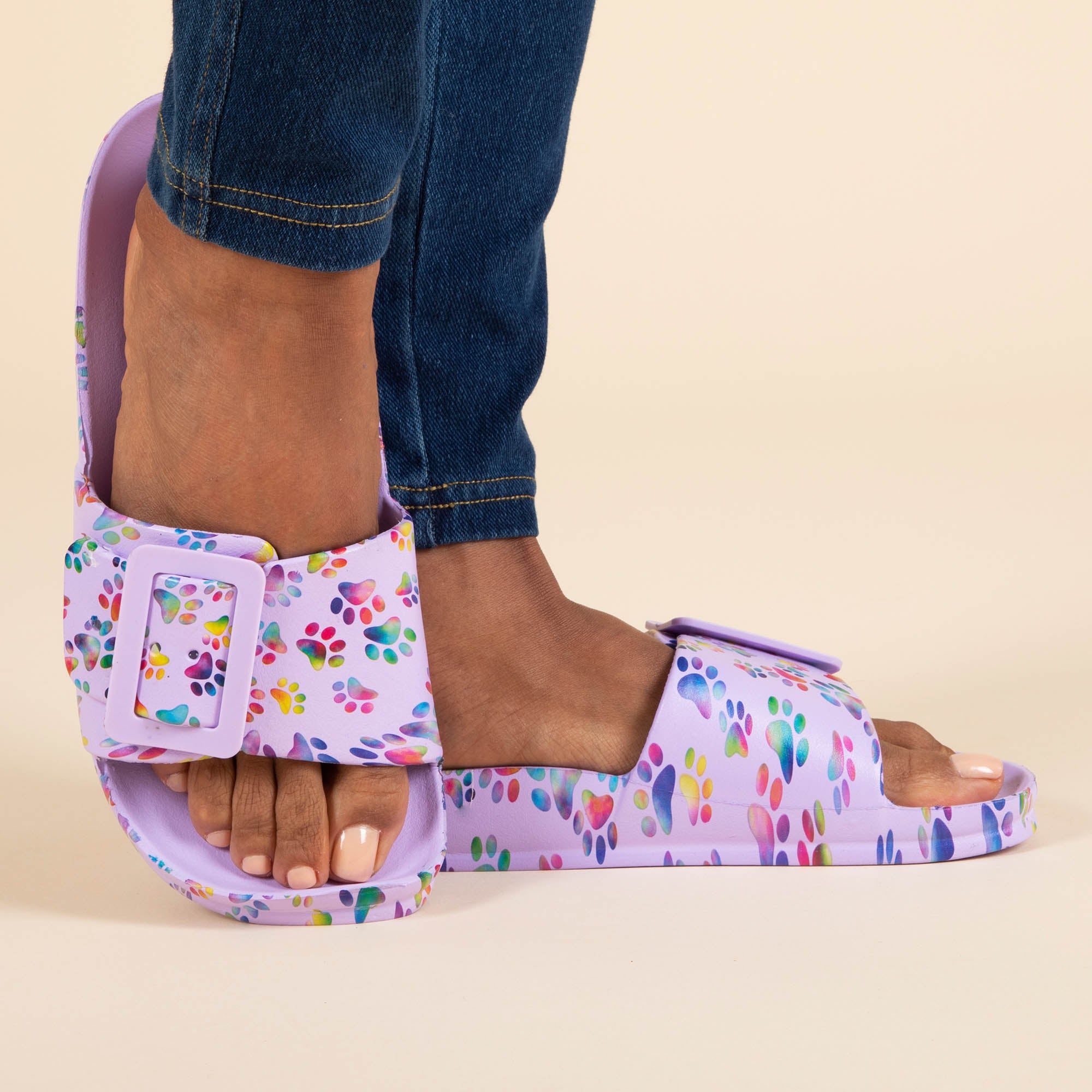 Paw Print Single Buckle Slide Sandals - Bold & Bright Paws - 7